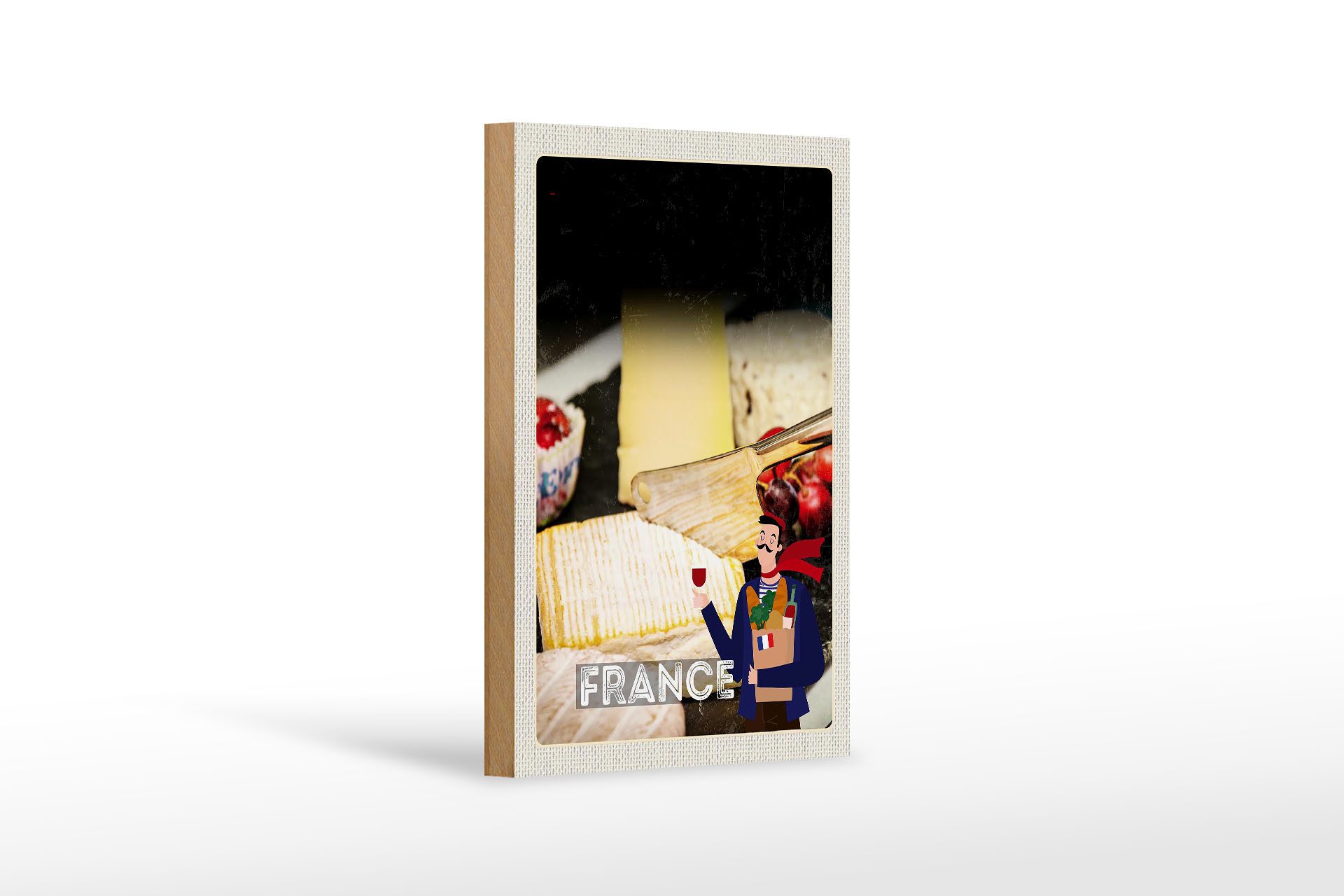 Holzbild Reise 12x18cm Frankreich Käse Camembert Schimmelkäse