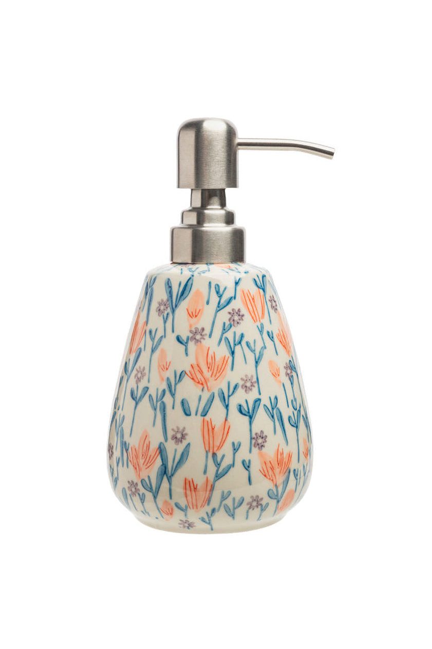 Tranquillo Seifenspender aus Steinzeug DOUCEUR FLORALE oder RETRO FLAIR 300ml handgestempelt, (Einzelartikel (kein Set), Kein Set, es wird ein einzelner Seifenspender geliefert), Dekorativer Pumpspender mit Edelstahlkopf und floralem Muster von Tranquillo