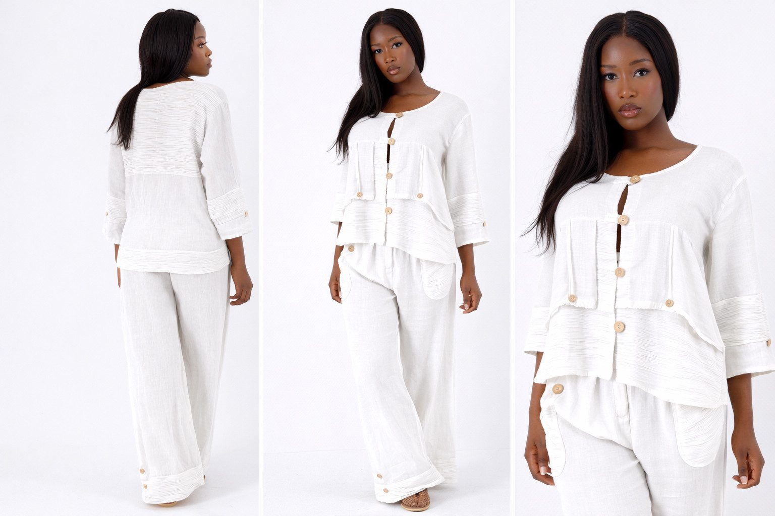 YC Fashion & Style Hosenanzug Boho Leinen-Zweiteiler aus 100 % Leinen mit Knopfdetails 2 teiliges Set