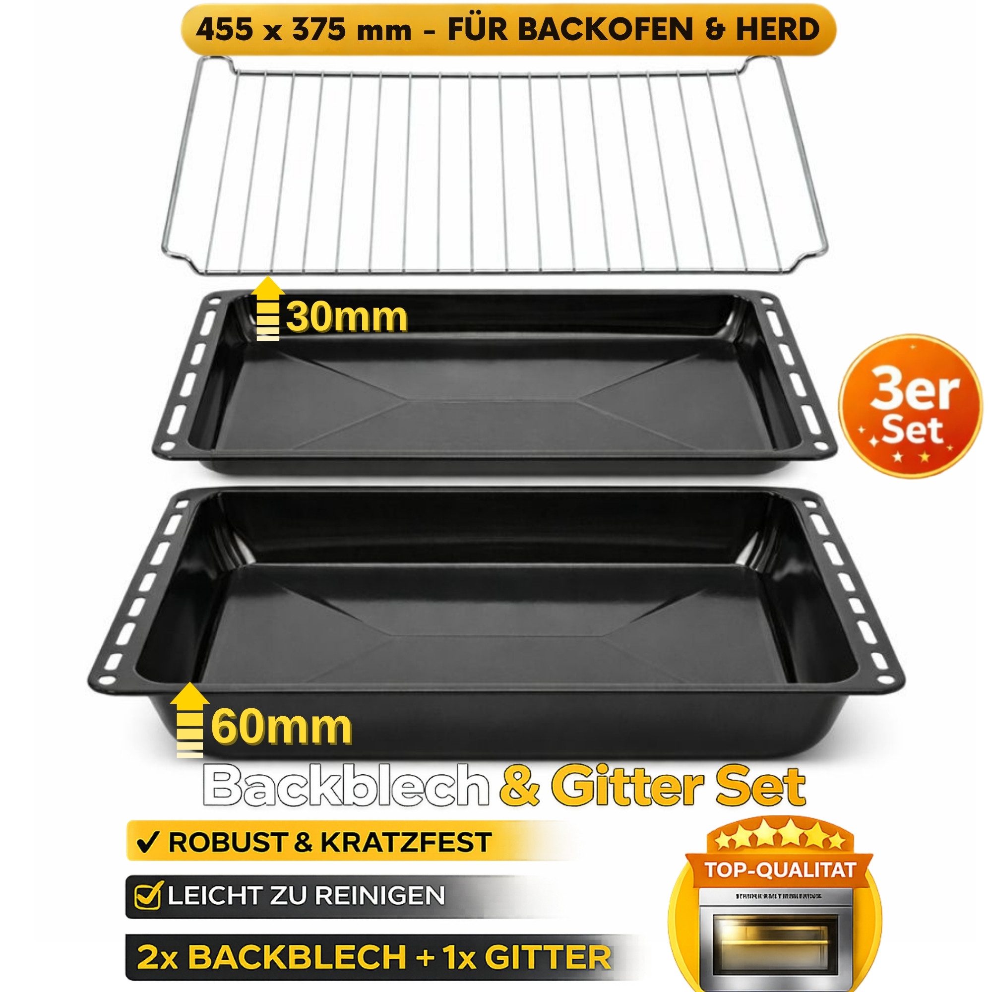 Backblech 455 x 375 mm Set, 30 und 60 mm Extra Tiefe mit Gitter