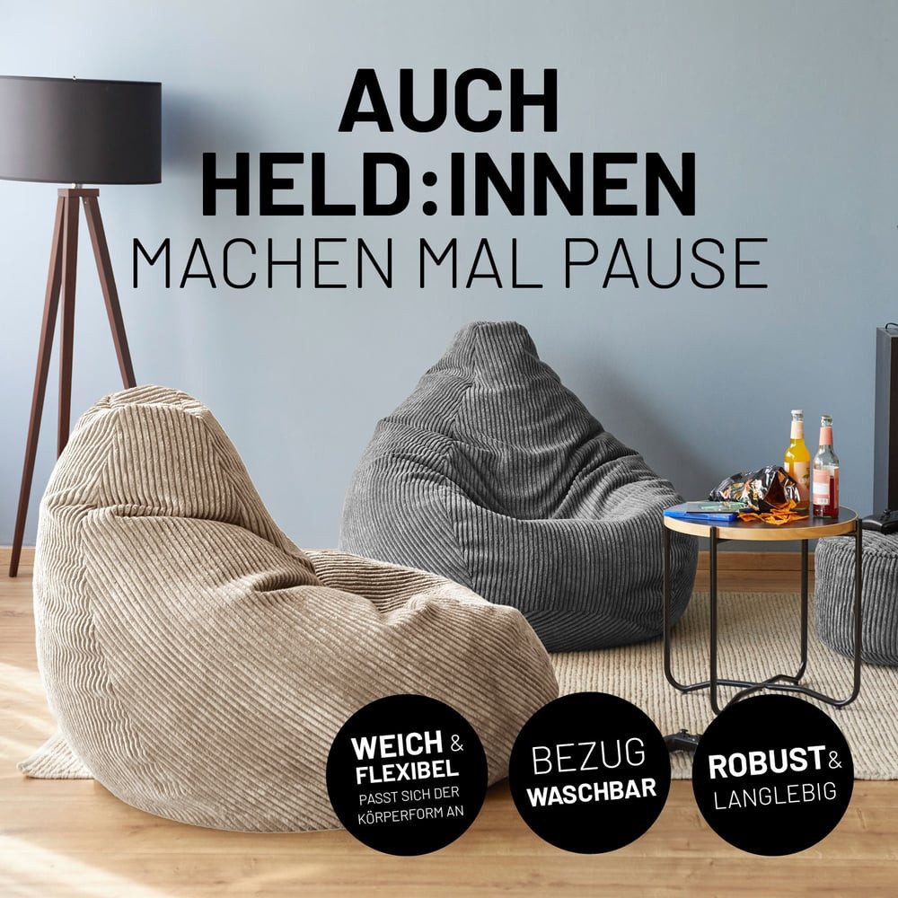 Lumaland Sitzsack GIANT Cord Sitzsack Stabile Lehne ideal fürs Gaming, verdeckter Reißverschluss, trendig & Gemütlichkeit vereint – Bild 5 von 5