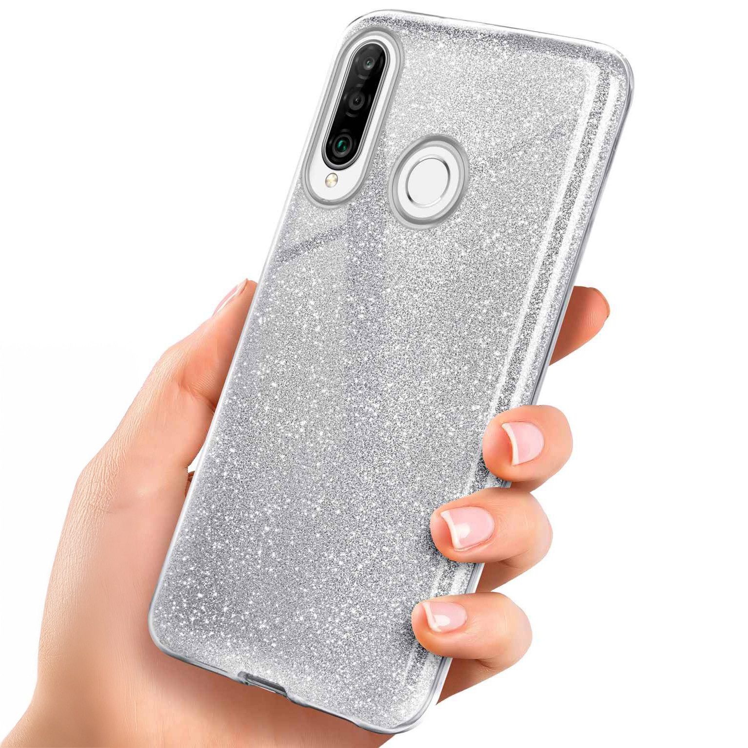 Handyhülle für Huawei P30 Lite Glitzer Hülle Glitter Case Silber