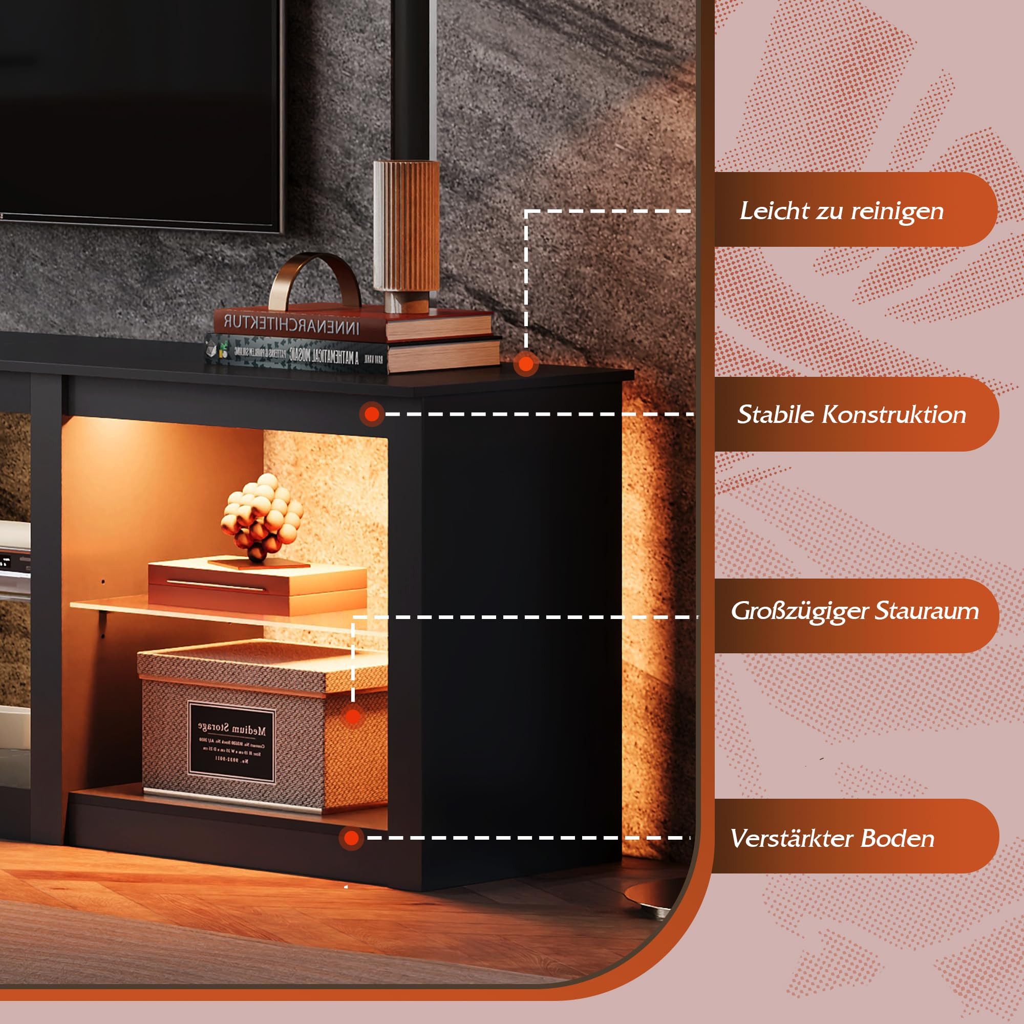 WLIVE Lowboard TV-Schrank mit RGB-LED (22 Modi), 3 offene Fächer & verstellbare (Länge 166 cm, Schwarz, TV Board für 55/60/ 65/70/75/Zoll Fernseher), 166 x 39 x – Bild 5 von 5