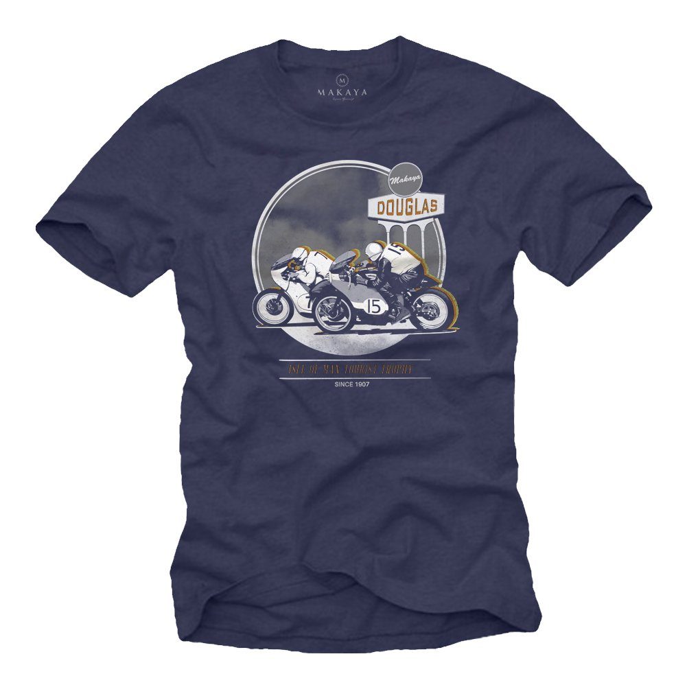 Männer Bekleidung Vintage Druck, Motorrad Baumwolle Cafe T-Shirt Biker MAKAYA Motiv Herren Racer mit aus Blau