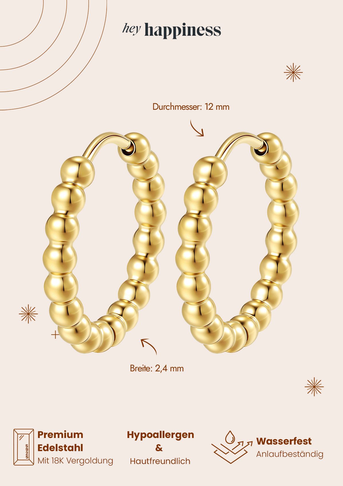 Hey Happiness Paar Creolen Kugel-Ohrringe im Beaded-Style aus Edelstahl, Ohrringe für Damen 18k vergoldet in 3 Größen – Bild 5 von 5