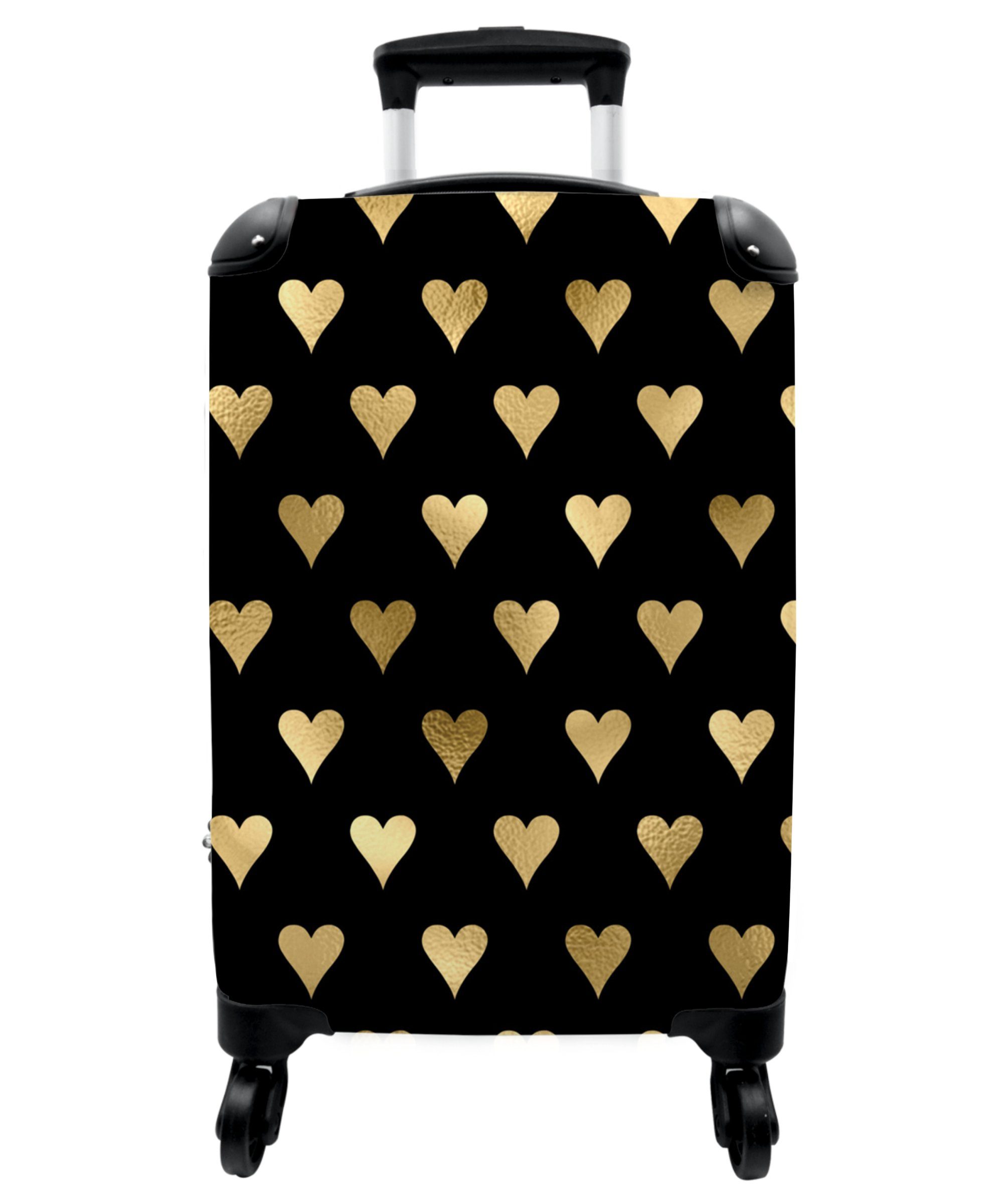 Rollen Gold 4 Handgepäckkoffer - Kleine Rollkoffer 4 Cabin Reisekoffer - - Herz Luxus Handgepäck Muster, Rollen, mit Trolley Schwarz 55x35x20cm NoBoringSuitcases.com© - -