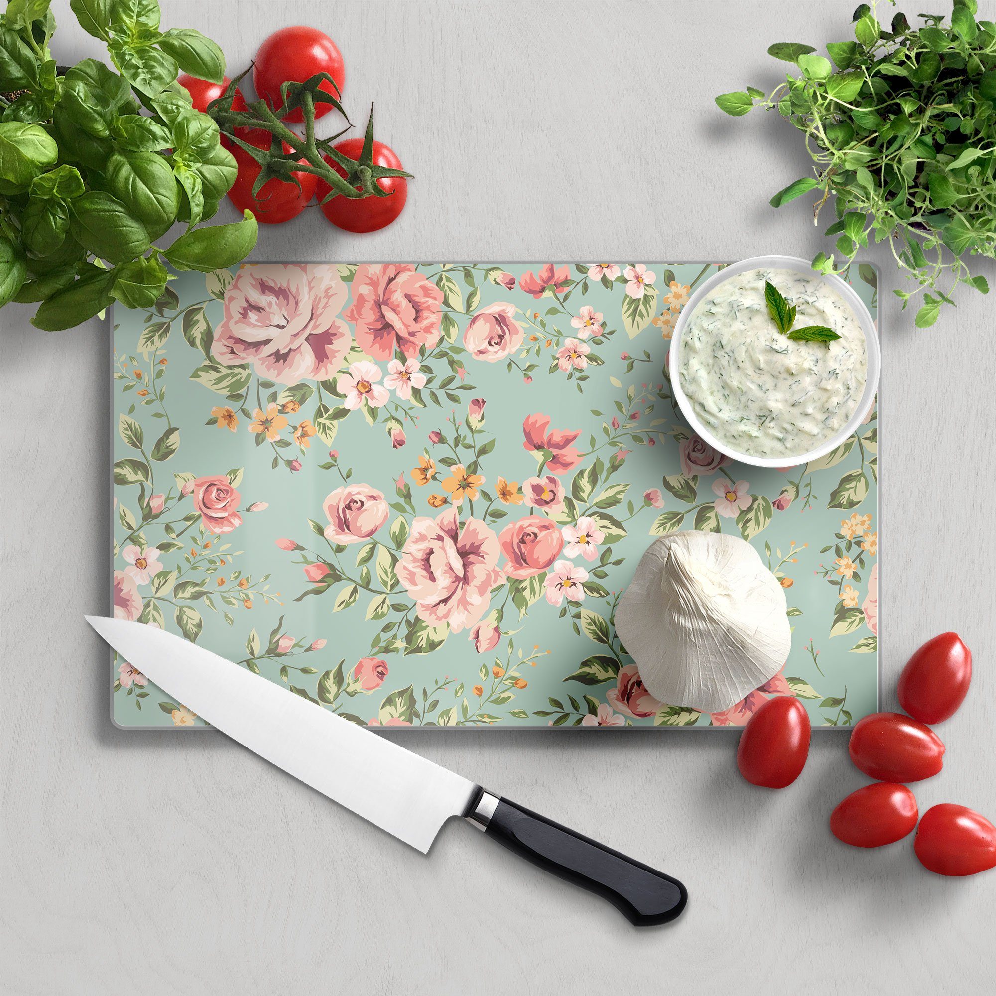 DEQORI Schneidebrett 'Tapete mit Blumenmuster', Glas, Platte Frühstücksbrett Schneideplatte