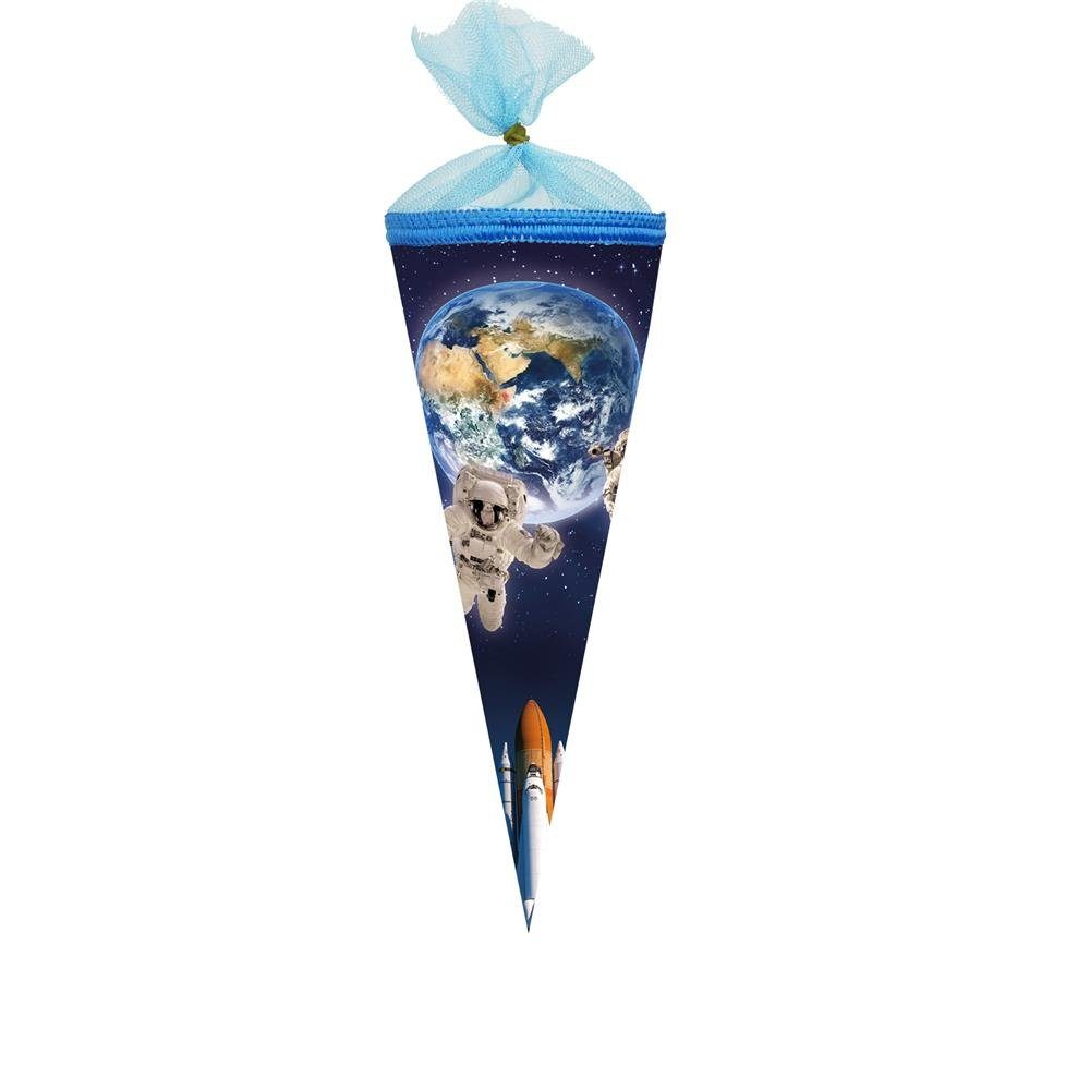 Nestler Schultüte Weltraum, 22 cm, rund, mit blauem Tüllverschluss, Astronaut, für Geschwister