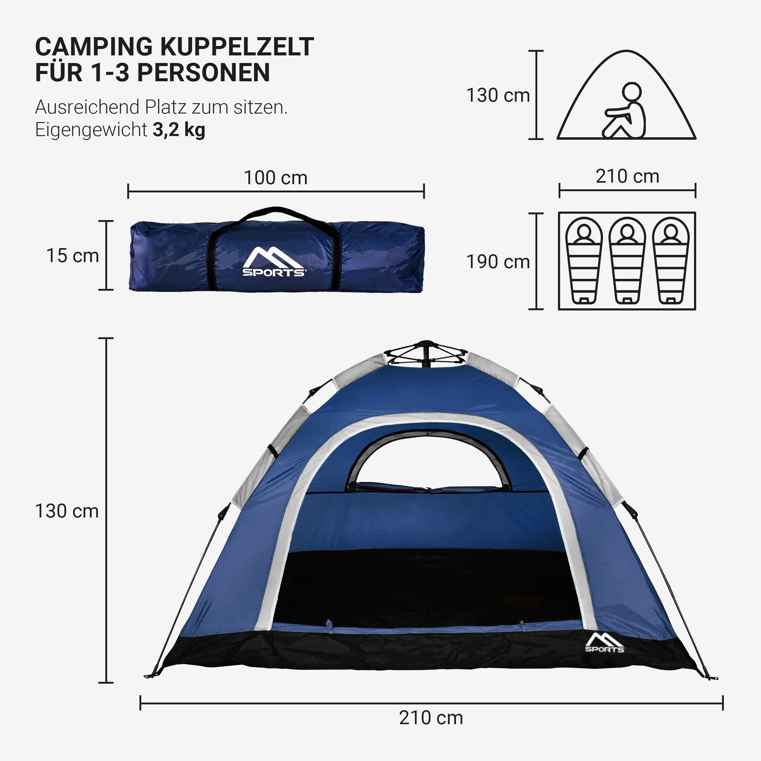 Zelt Wasserdicht Winddicht Zelt 2-3 Igluzelt Personen Würfelzelt Pop Kuppelzelt MSports® Up Königsblau Campingzelt