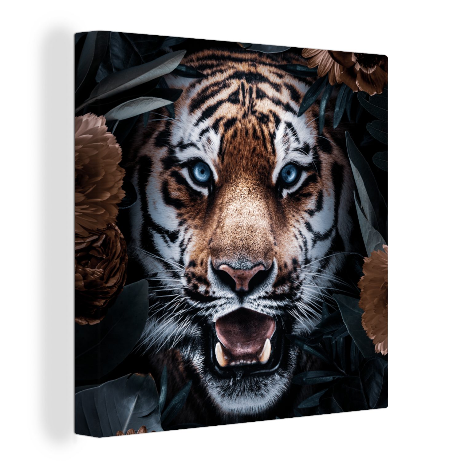OneMillionCanvasses® Leinwandbild Tiger - Blumen - Blatt, (1 St), Leinwand Bilder für Wohnzimmer Schlafzimmer