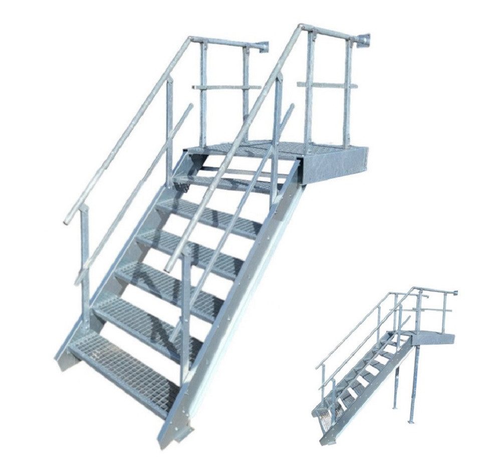 SRM Design Außentreppe 6 Stufen + Podesttreppe beids. Geländer breite 100cm höhe 100-140cm