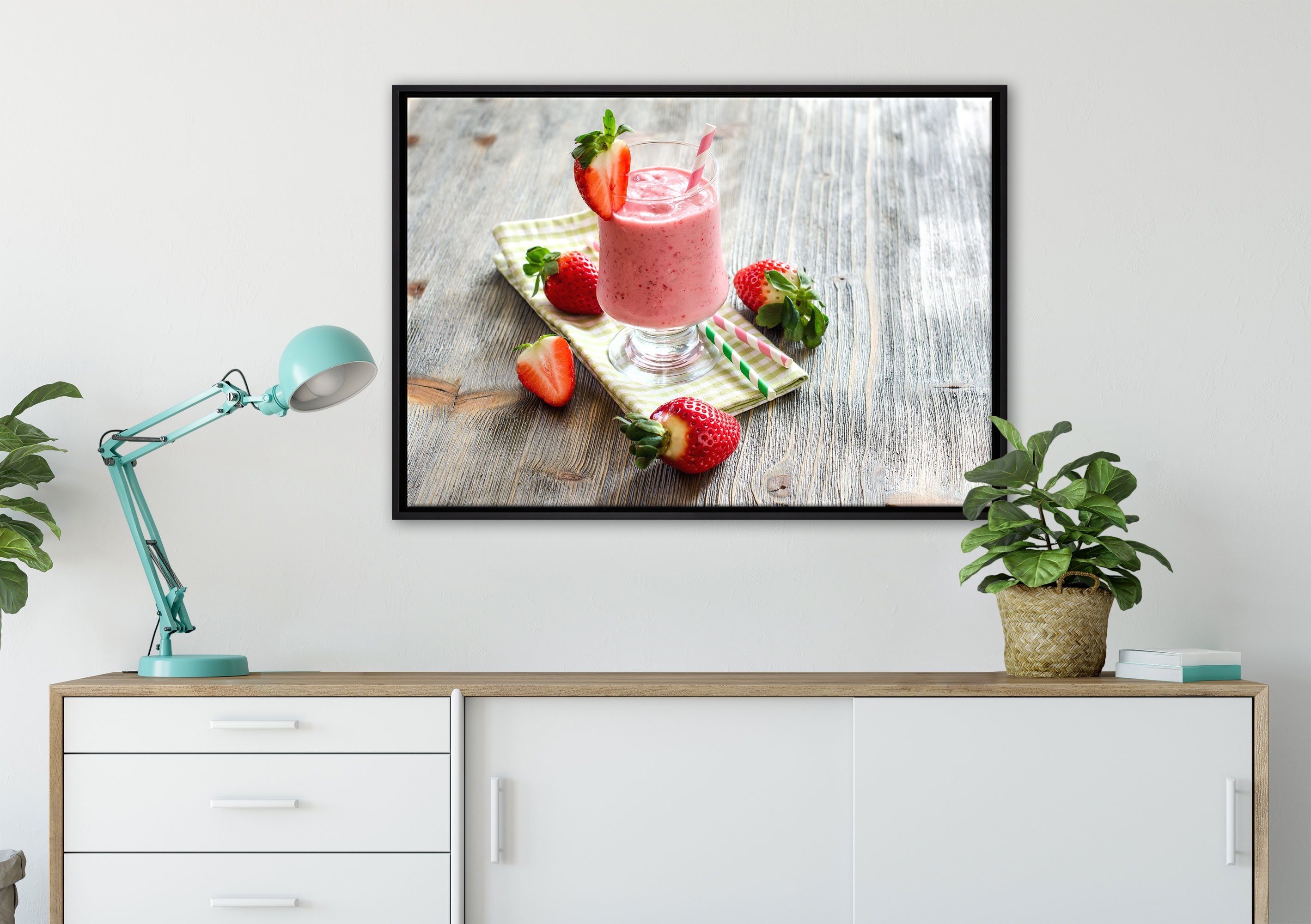 Pixxprint Leinwandbild Köstlicher Erdbeershake, St), inkl. in Leinwandbild einem (1 gefasst, fertig bespannt, Wanddekoration Schattenfugen-Bilderrahmen Zackenaufhänger