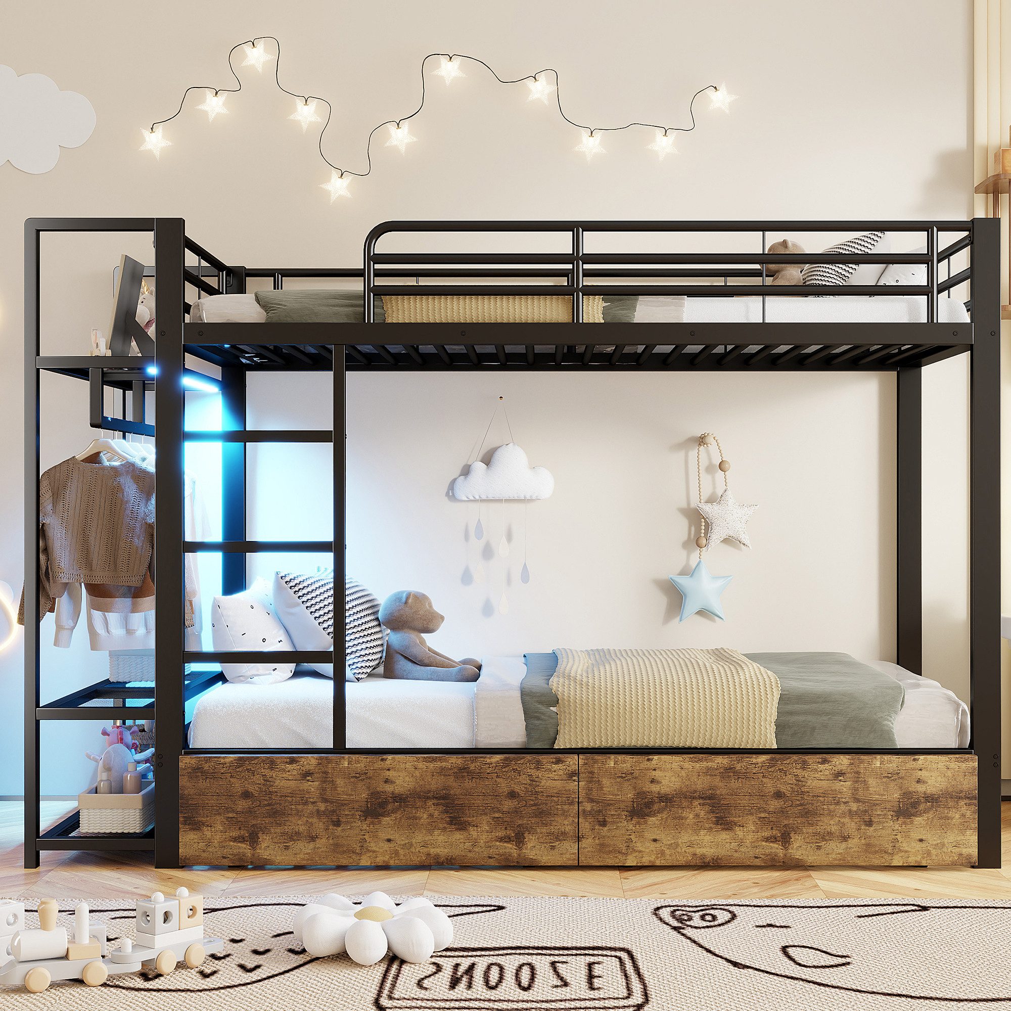 Merax Etagenbett mit LED Lichtleiste (Metallbett Jugendbett Stockbett Doppelbett mit Eisenrahmen, 1-St), Kinderbett 90x200cm mit Kleiderstange, 2 Schubladen & Ablageflächen