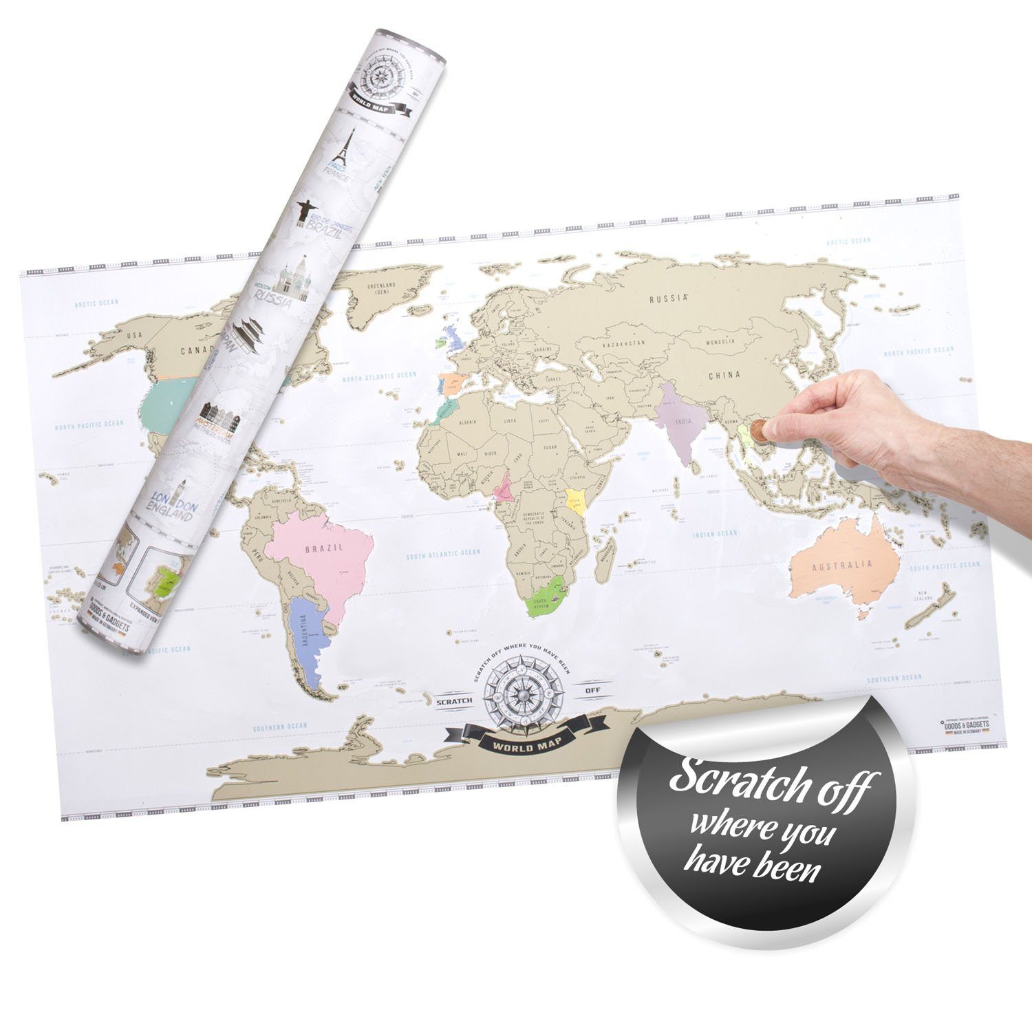 Goods+Gadgets Poster Scrape Off World Map Rubbelweltkarte, XXL Weltkarte - Englisch