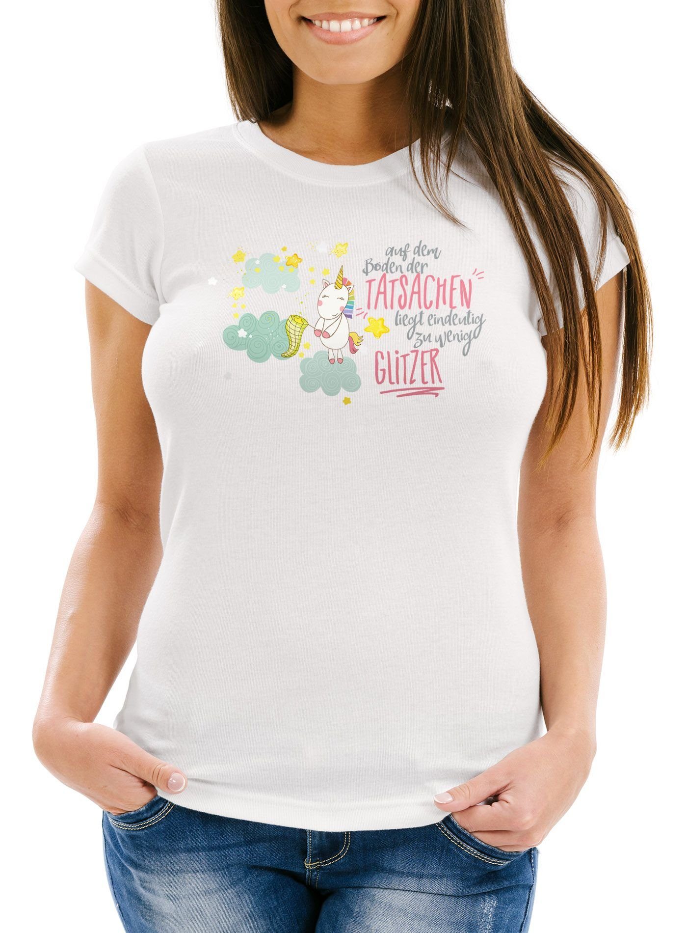 liegt Print-Shirt Moonworks® Slim zu Tatsachen Glitzer Print dem auf Boden Fit der weiß eindeutig mit wenig Damen T-Shirt MoonWorks