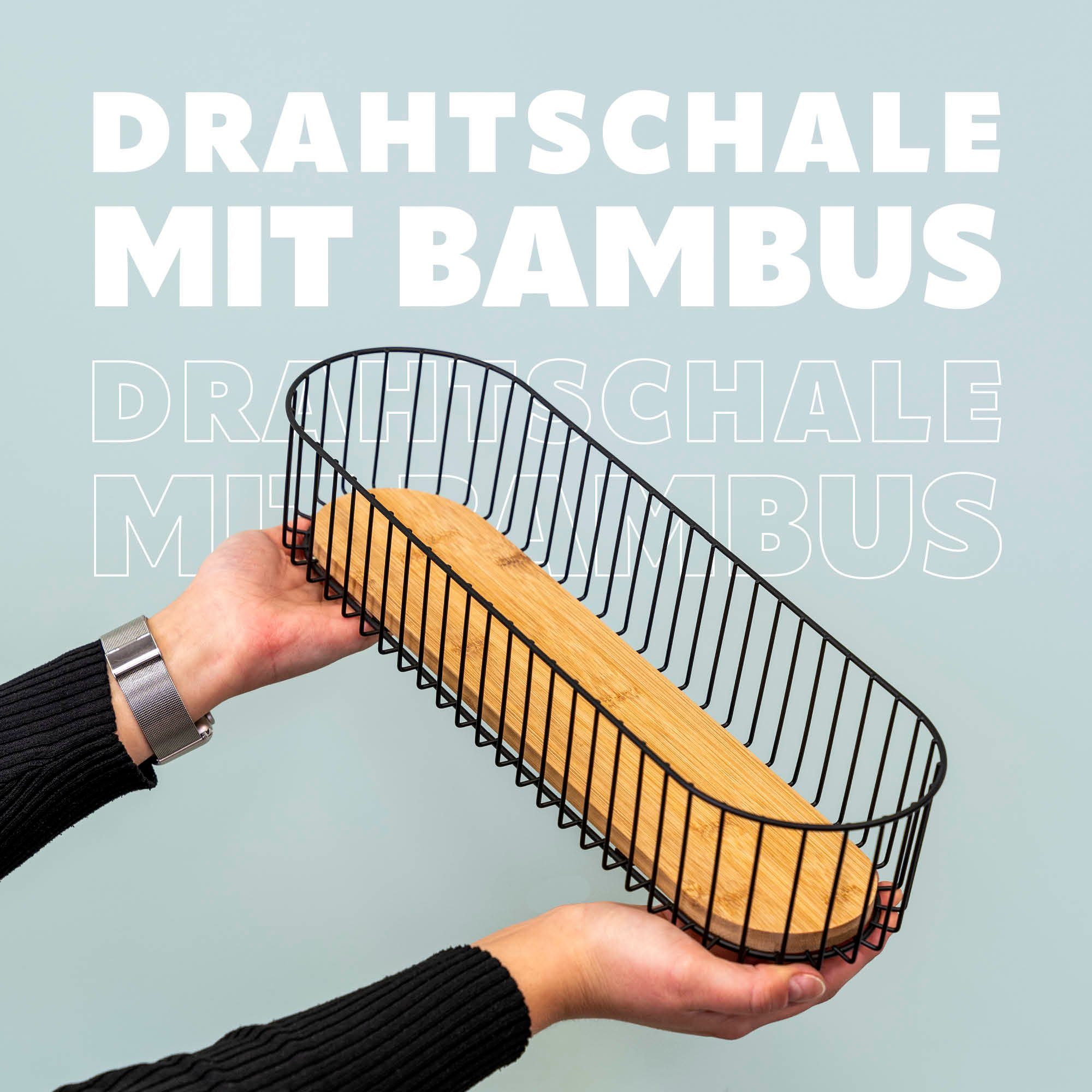 eluno Obstschale Drahtkorb mit Bambusboden, Obstschale, Brotkorb länglich, matt, Metall, Bambus, (kein Set, 1-tlg)