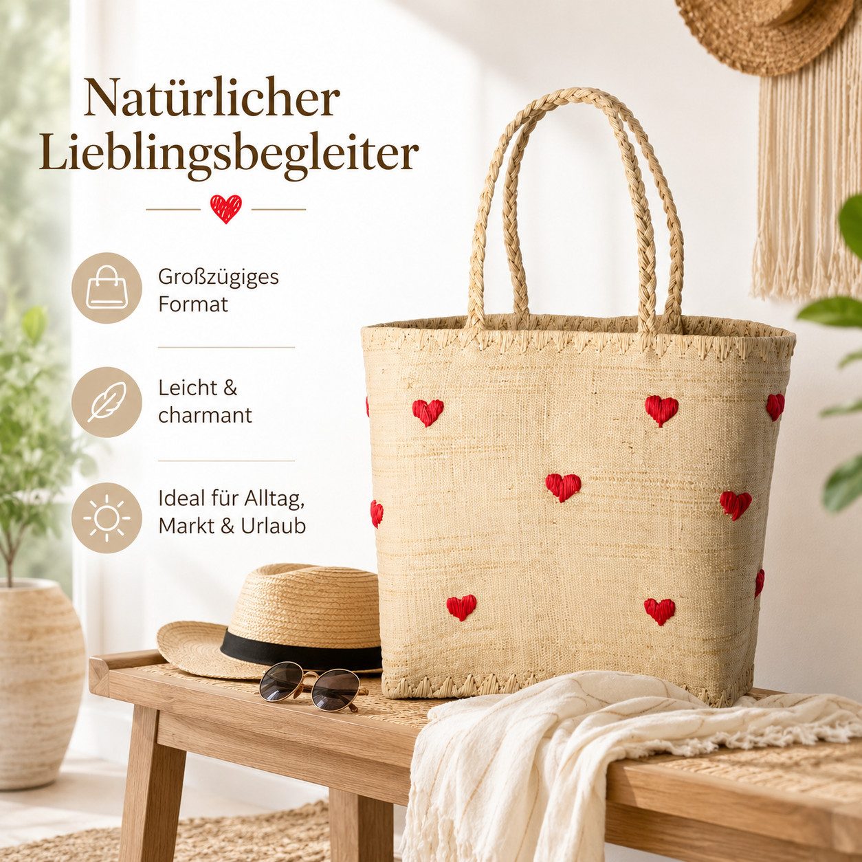 rice Basttasche Rice Raffia Tasche mit Herz Design, handgefertigt, Natur/Rot (1-tlg., Raffia Tasche)