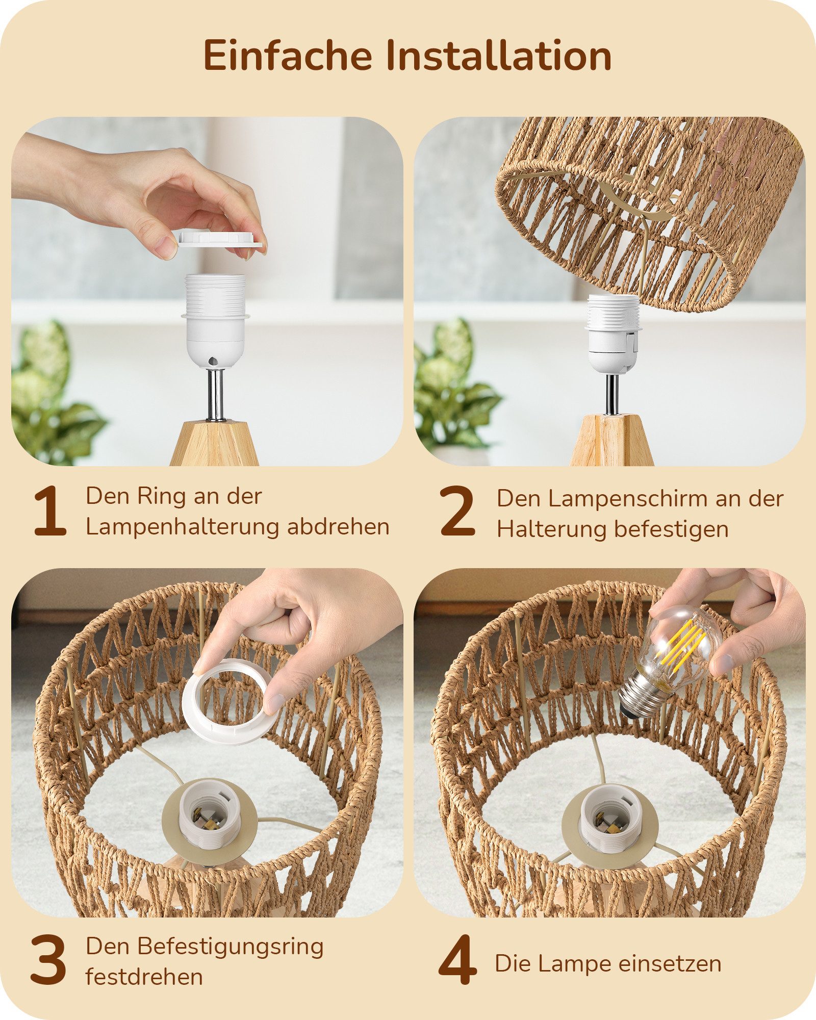 EDISHINE LED Nachttischlampe mit Seil-Lampenschirm, vintage Dekolampe, LED wechselbar, Warmweiß, Tischlampe holz mit Leuchtmittel, Boho Tischleuchte für Schlafz – Bild 5 von 5