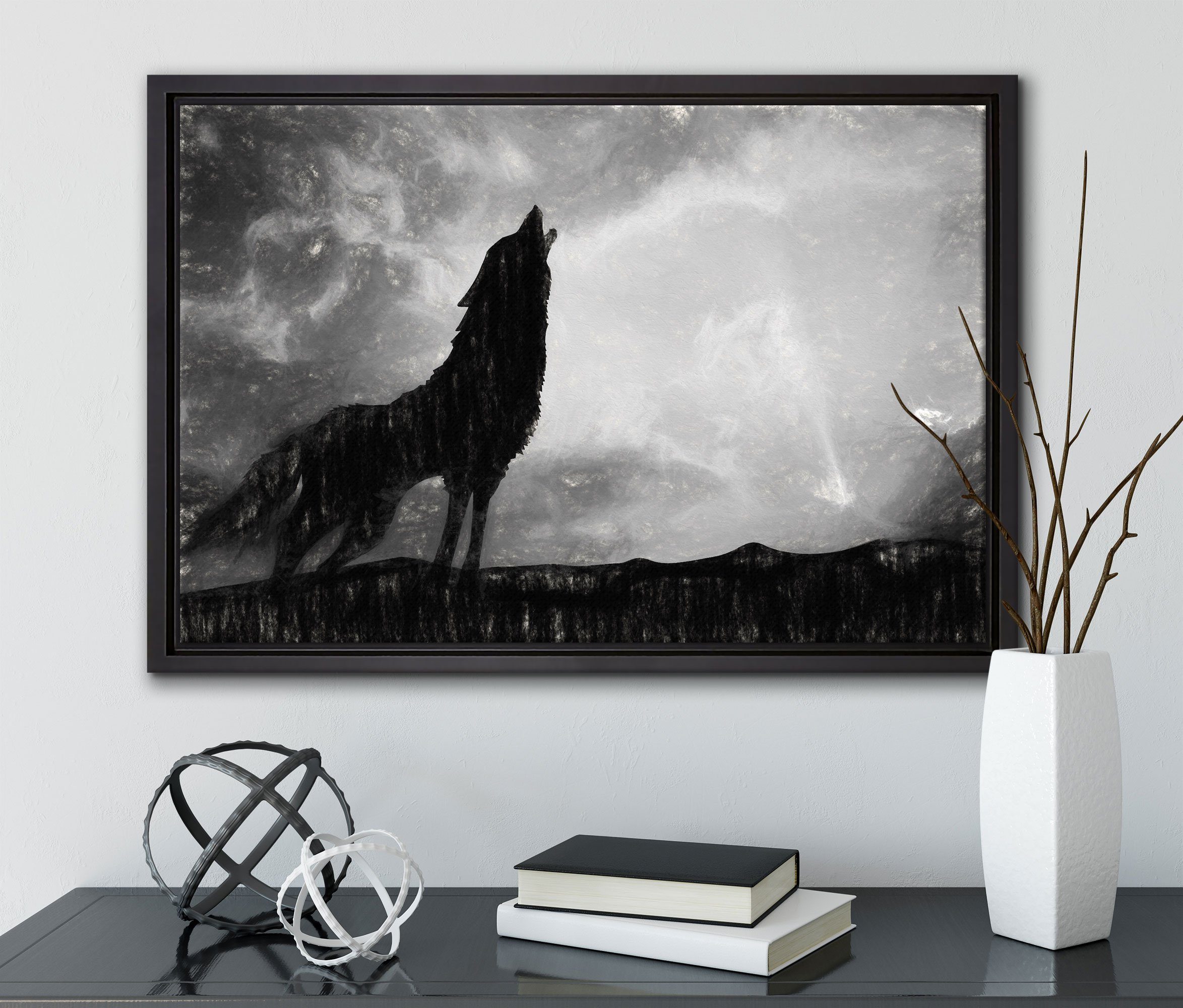 inkl. bespannt, Heulen, gefasst, fertig Pixxprint St), (1 Wanddekoration Wolf einem Leinwandbild in Leinwandbild Schattenfugen-Bilderrahmen Zackenaufhänger