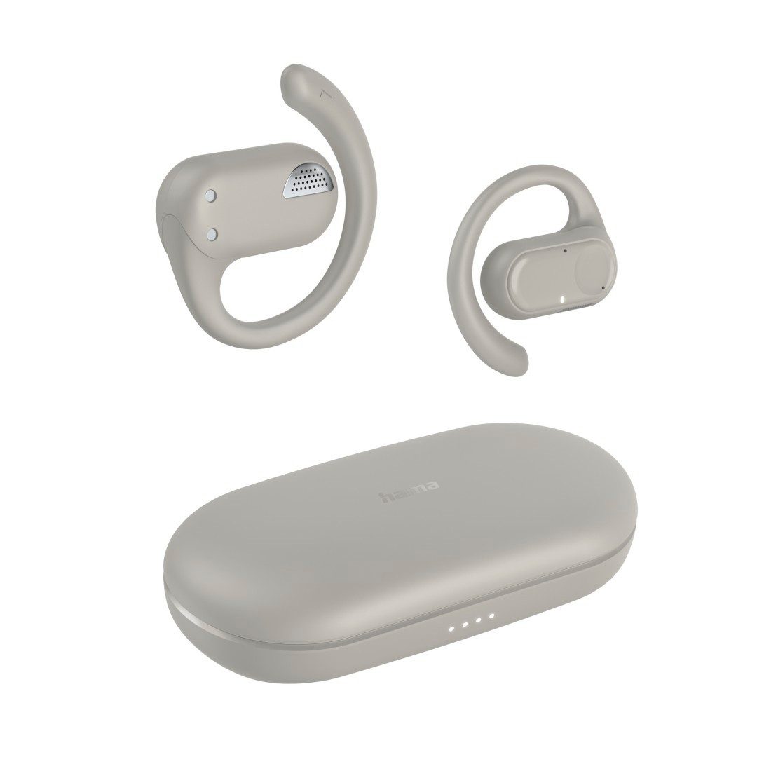 Hama Open-Ear-Kopfhörer „Spirit Open“ (18 h Akku, mit App, Ohrbügel, IPX4) Open-Ear-Kopfhörer (Environmental Noise Cancelling (ENC), Freisprechfunktion, Google Assistant, Sprachsteuerung, True Wireless, integrierte Steuerung für Anrufe und Musik, kompatibel mit Siri, Google Assistant, Siri, A2DP Bluetooth, AVRCP Bluetooth, HFP, True-Wireless-Kopfhörer, Ladebox mit LED, ENC)