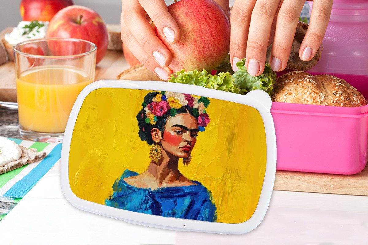 MuchoWow Lunchbox Frida Kahlo - Frau - Gelb - Blau - Blumen, Kunststoff, (2-tlg), Brotdosen, Lunch Box, Brotbox für Kinder und Erwachsene