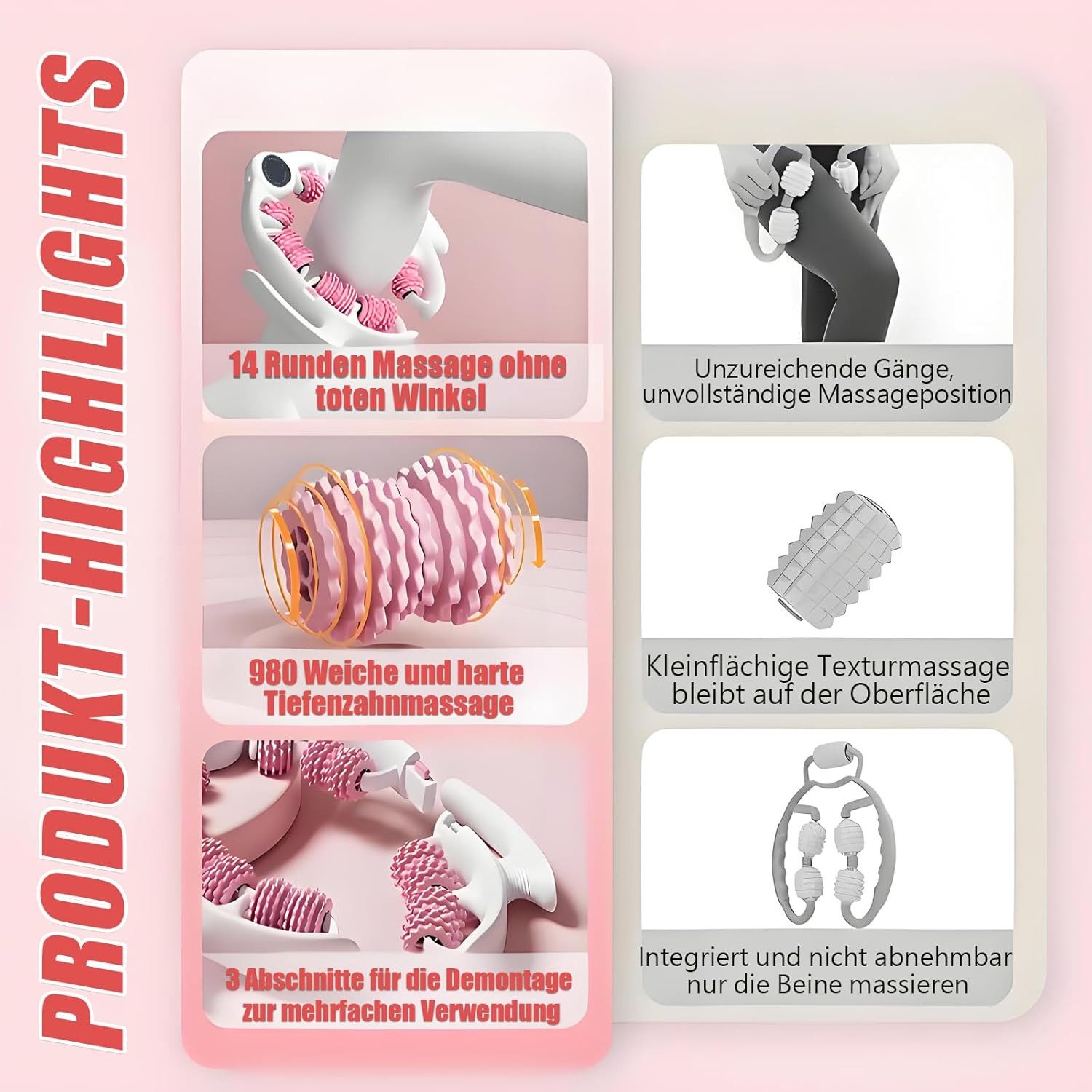 Kikcrrou Massagegerät Cellulite Massagegerät Massageroller manuell abnehmbar, Manuelles Massagegerät mit Rollen für Ganzkörperanwendung, 1-teiliges manuelles Massagegerät für Ganzkörperanwendung, 180° verstellbar abnehmbare Griffe manuelle Tiefenmassage