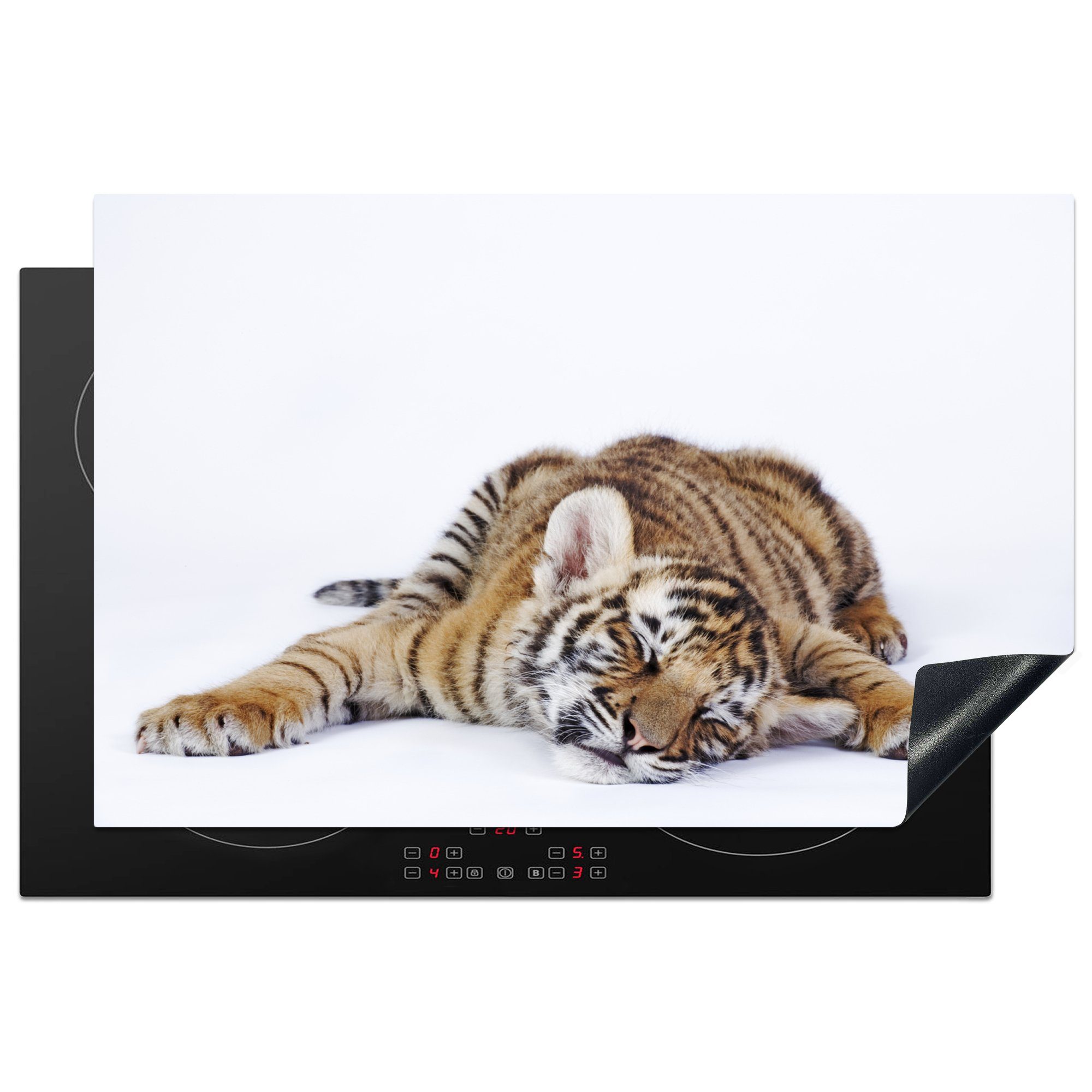 MuchoWow Herdblende-/Abdeckplatte Tiger - Schlafen - Weiß, Vinyl, (1 tlg), 81x52 cm, Induktionskochfeld Schutz für die küche, Ceranfeldabdeckung