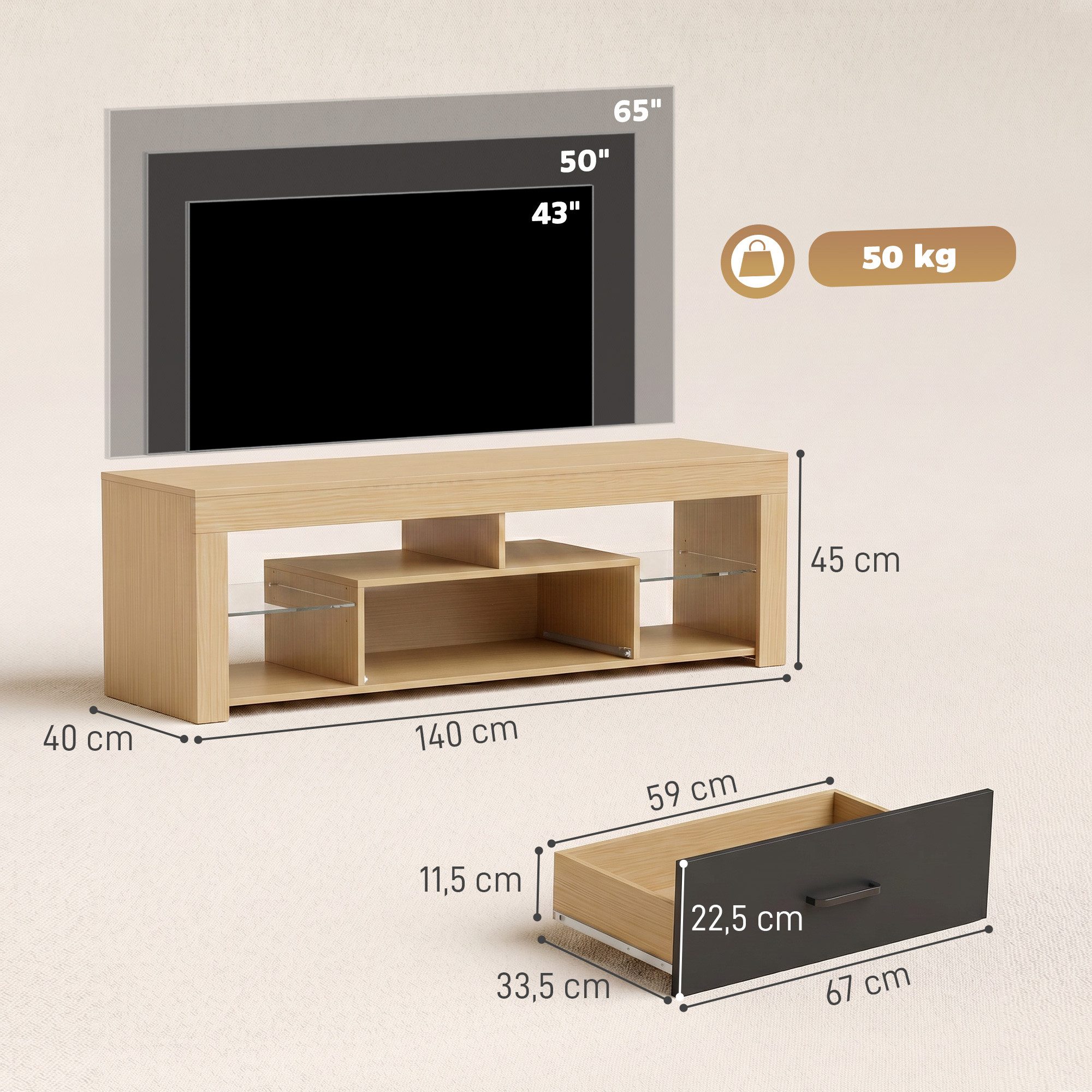 HOMCOM TV-Board mit offenen Fächern und Schublade (Set, 1 St., 1 TV-Lowboard), TV-Lowboard 140 cm, Glasböden verstellbar – Bild 3 von 5