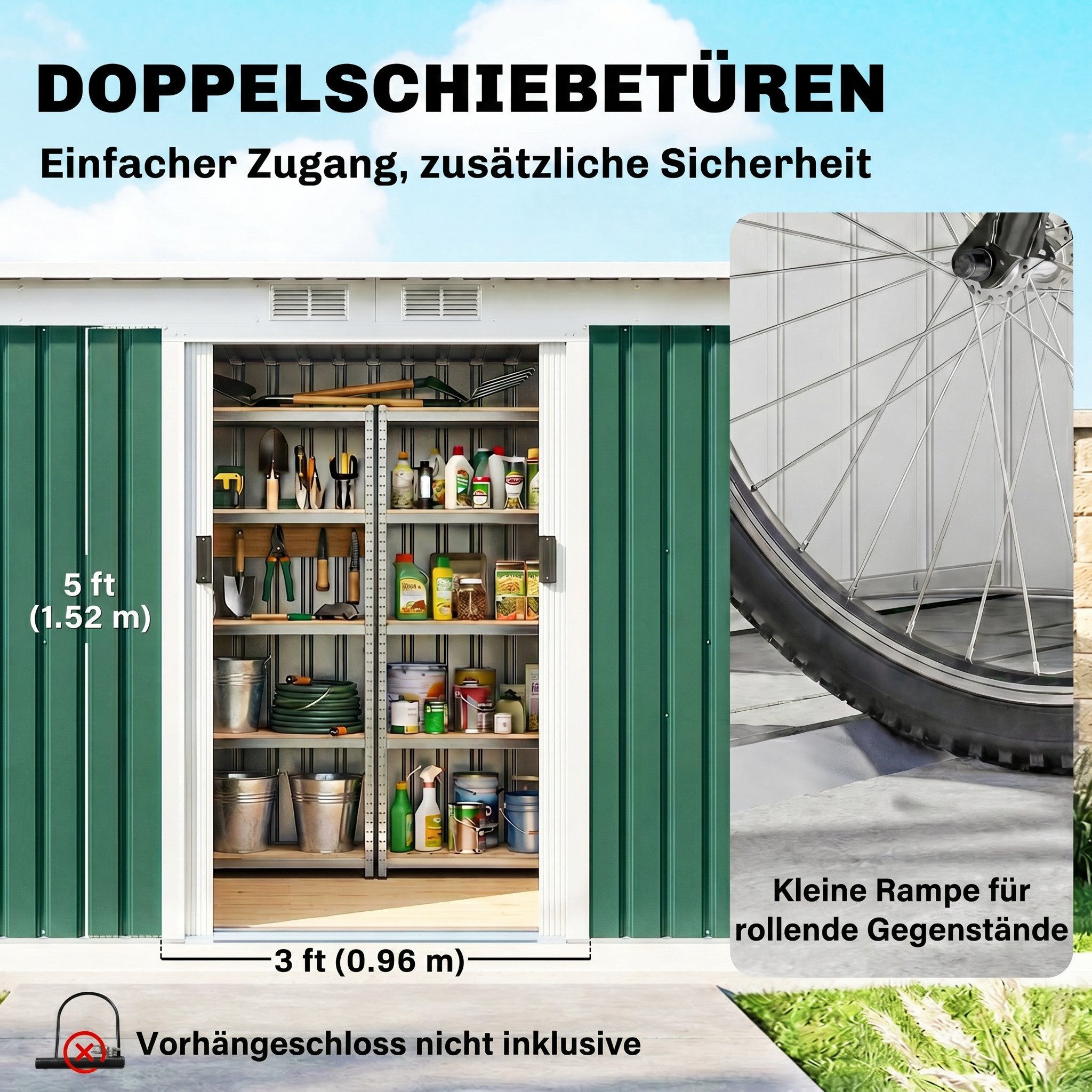 Outsunny Gerätehaus Metall Geräteschuppen mit Pultdach Schiebetür Anthrazit, BxT: 280x130 cm, (Schuppen, 1 St., Geräteschuppen), für Garten, Dunkelgrün – Bild 5 von 5