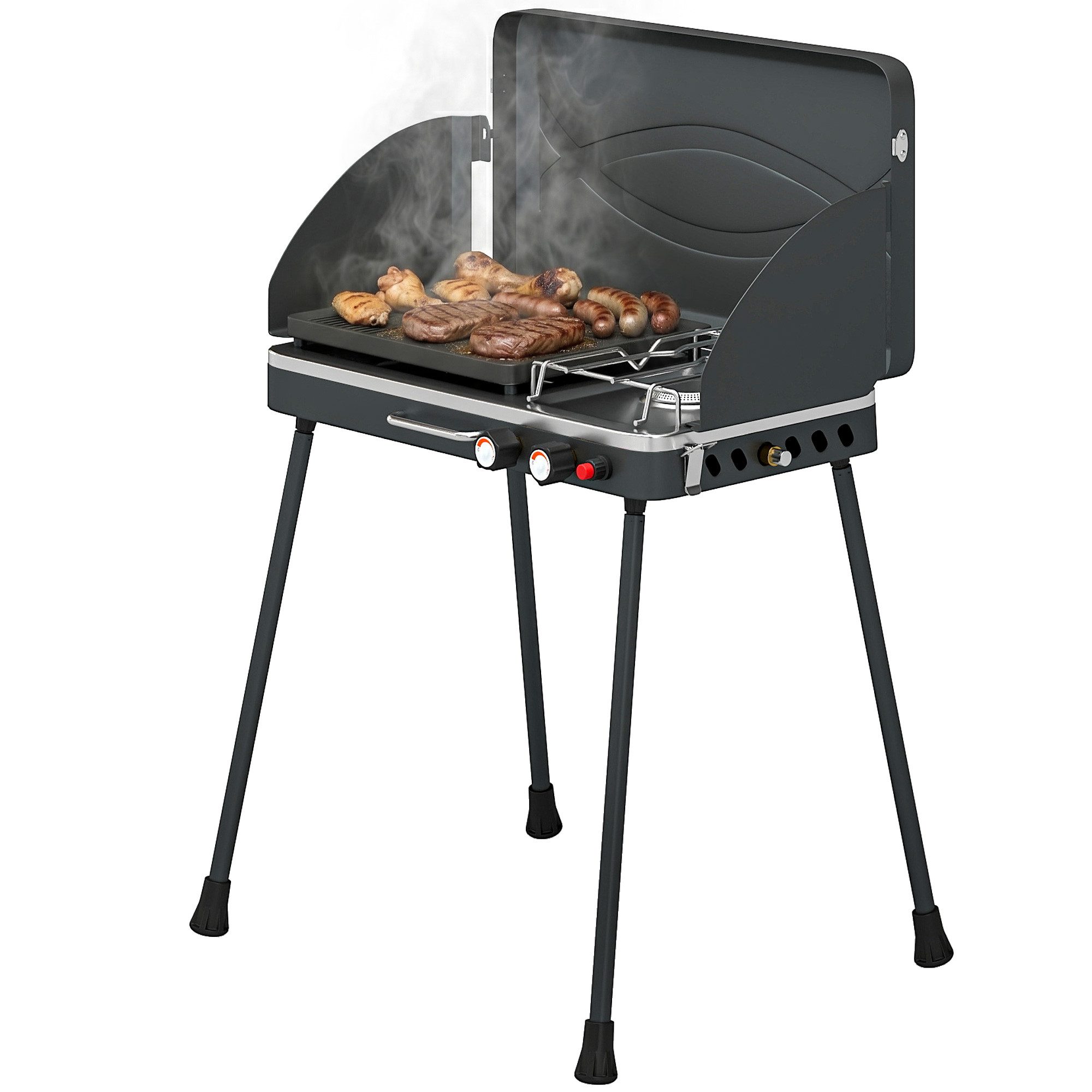 kowdom Gasgrill Gasgrill 2 Brenner 7 kW klappbar tragbar 2-in-1 Tischgrill, 2-in-1, 7 kW, klappbar, tragbar, Windschutz, abnehmbare Beine
