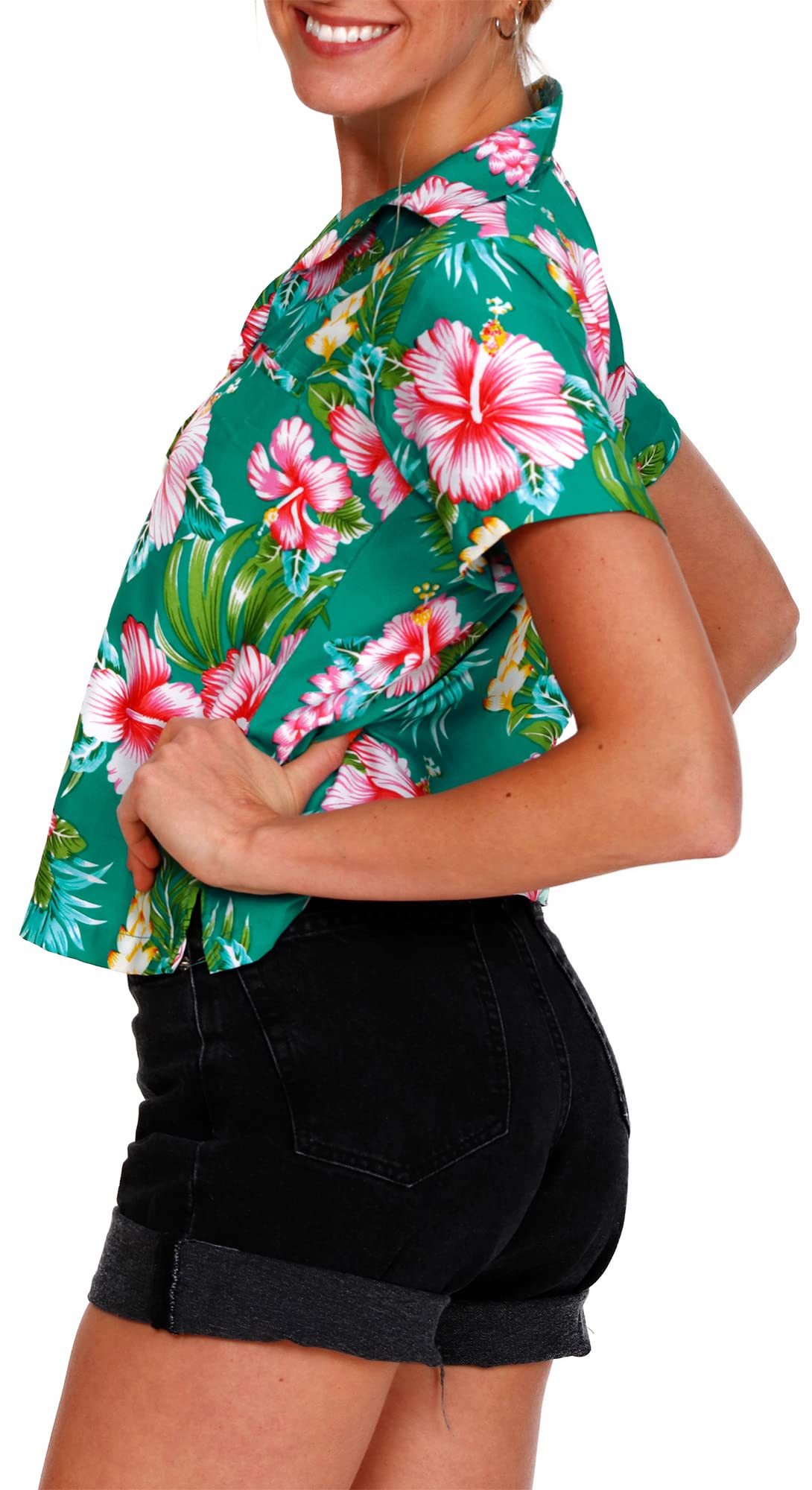 King Kameha Hawaiihemd Hibiscus New Funky Hawaiibluse Damen Kurzarm Front-Tasche Stylish