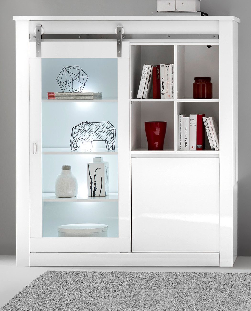 Furn.Design Highboard Miami (Vitrine in weiß Hochglanz, 10 Fächer, 133 x 153 cm), mit Soft-Close und Schiebetür
