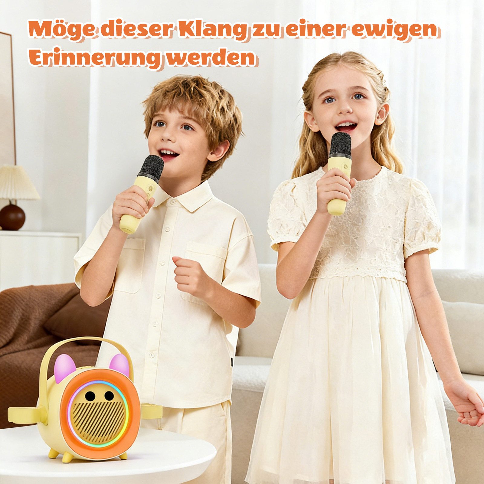 BBG Karaoke Box für Kinder mit 2 kabellosen Mikrofonen Karaoke-Maschine (5 W, Tragbar mit Bluetooth, Licht & Stimmeneffekten, Aufnahme)