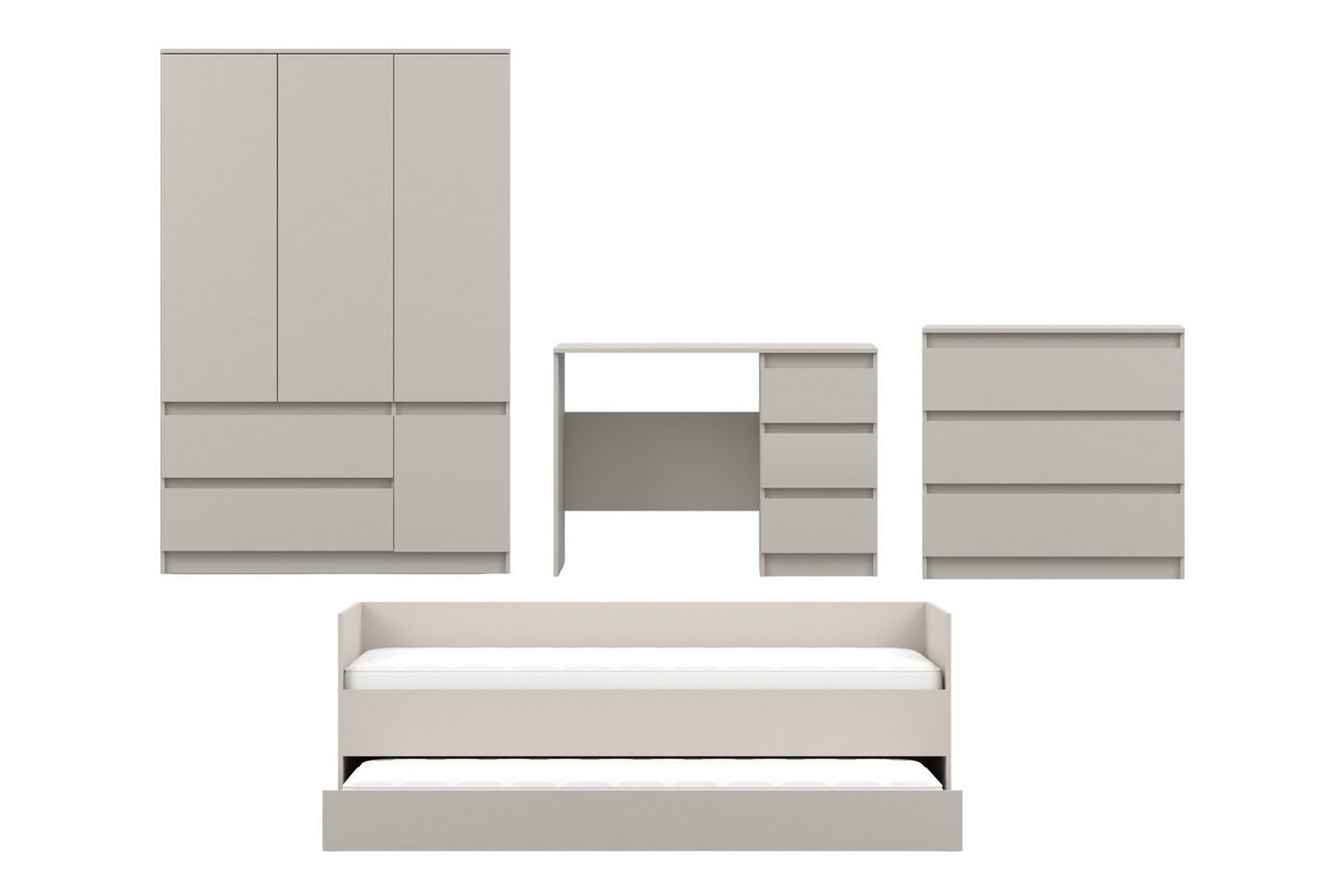 Deine Möbel 24 Jugendzimmer-Set SIMO C Kinderzimmer-Set mit Bett 90x200 cm & Gästebett 80x200 cm, (Set, 4-tlg., ideale Möbel für Kinder- und Jugendzimmer), inkl. Kleiderschrank, Kommode & Schreibtisch, Kaschmir