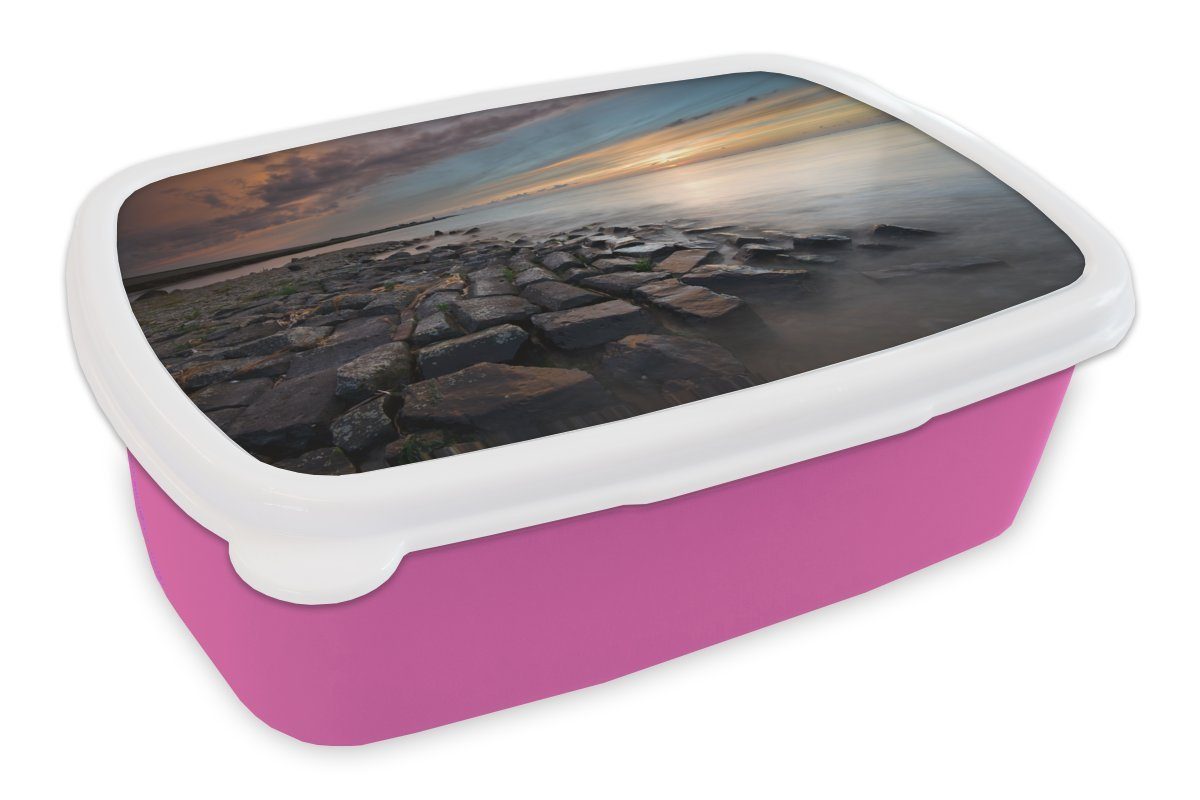 MuchoWow Lunchbox Wattenmeer - Felsen - Sonne, Kunststoff, (2-tlg), Brotbox für Erwachsene, Brotdose Kinder, Snackbox, Mädchen, Kunststoff rosa