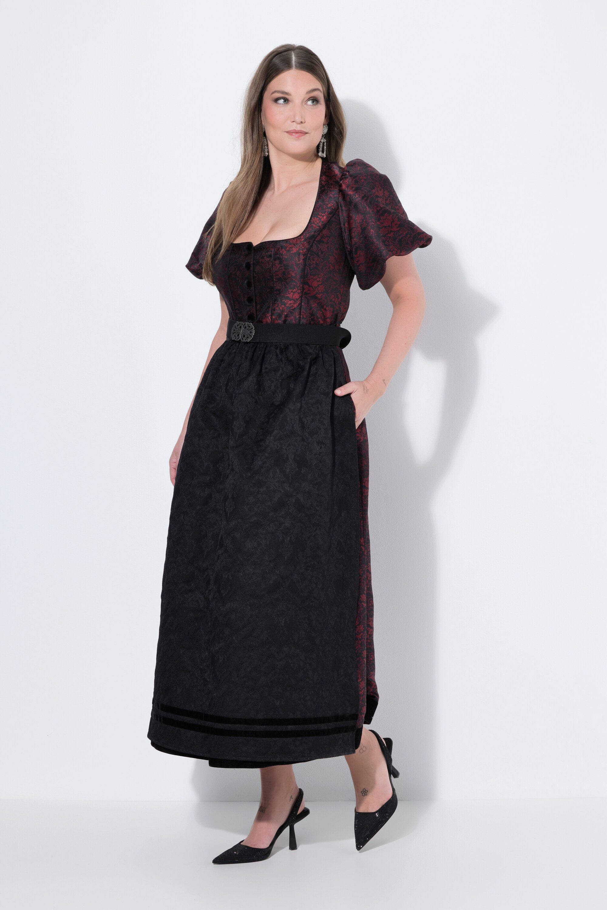 Ulla Popken Dirndl Dirndl Jacquard Carré-Ausschnitt Puff-Halbarm
