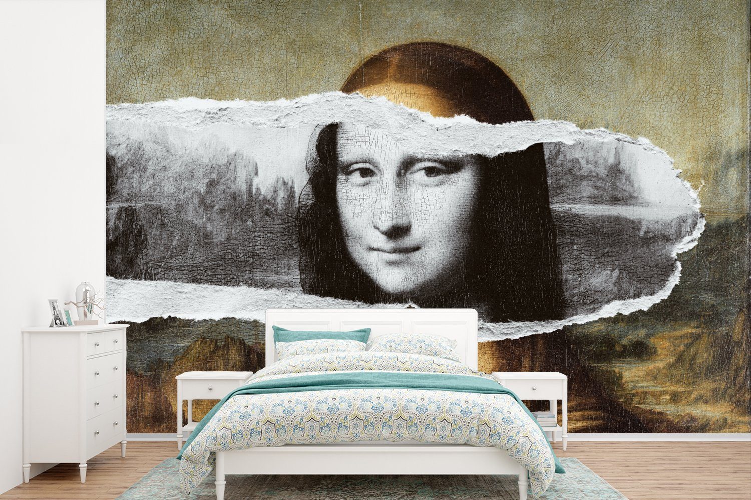 MuchoWow Fototapete Mona Lisa - Schwarz und weiß - Da Vinci, Matt, bedruckt, (6 St), Wallpaper für Wohnzimmer, Schlafzimmer, Kinderzimmer, Vinyl Tapete