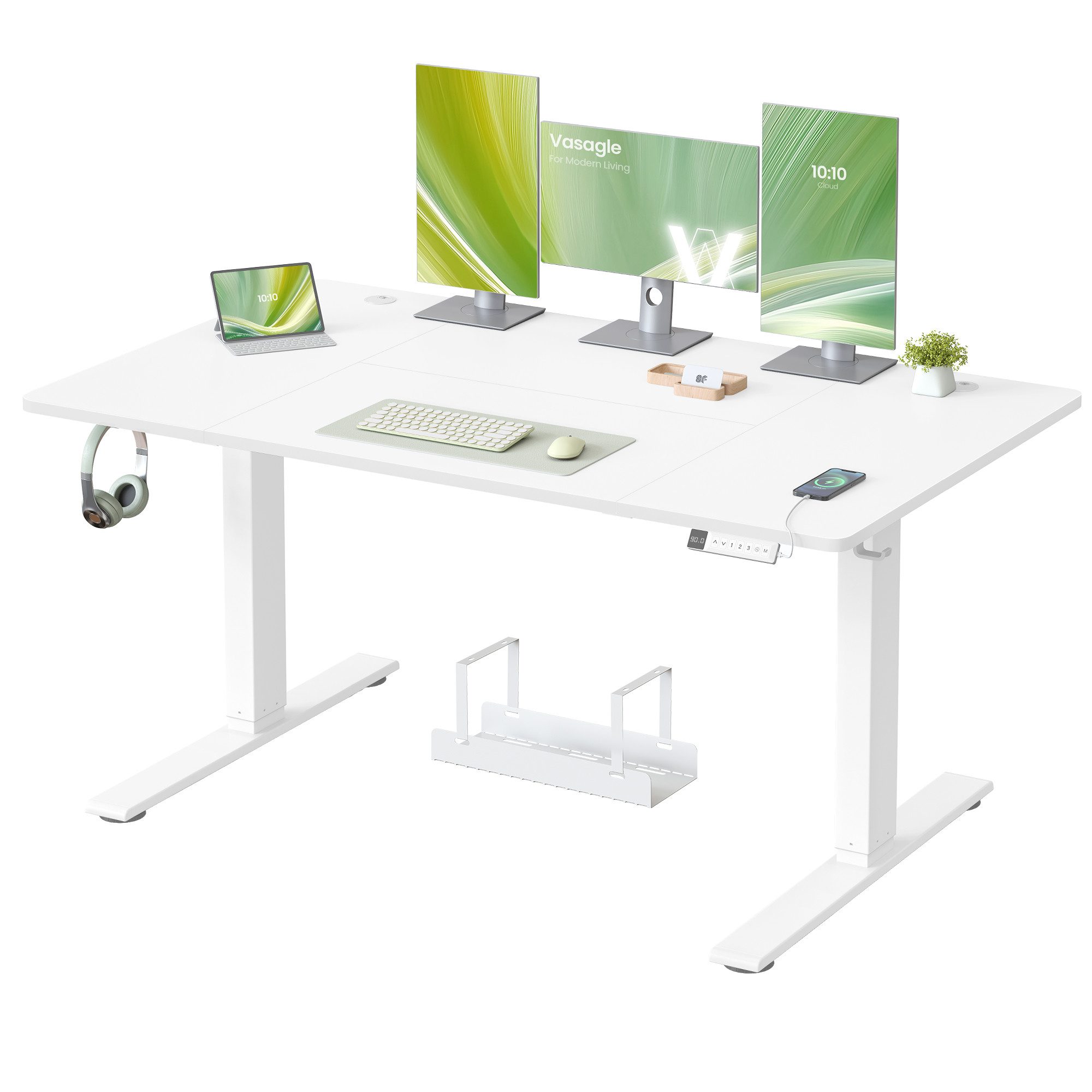 VASAGLE Schreibtisch Höhenverstellbarer, USB-C-Anschluss, Erinnerung bei langem Sitzen, Ablage für Steckdosenleiste, 3 Speichertasten, 140/160/180cm