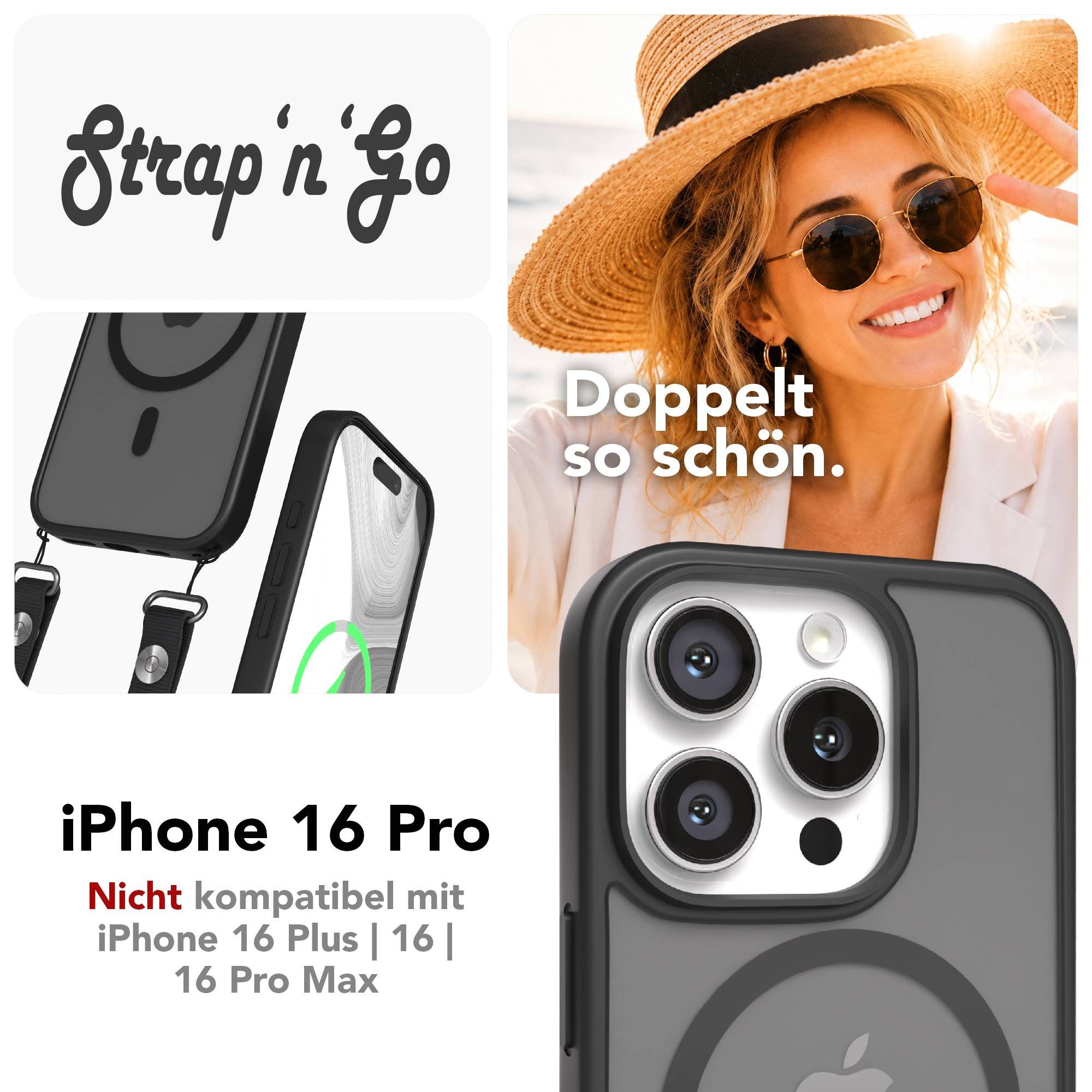 EAZY CASE Handykette Outdoor Case MagSafe Handyband für Apple iPhone 16 Pro 6,3 Zoll, MagSafe Outdoor Case mit magnetischer, flexibler Handykette Schwarz