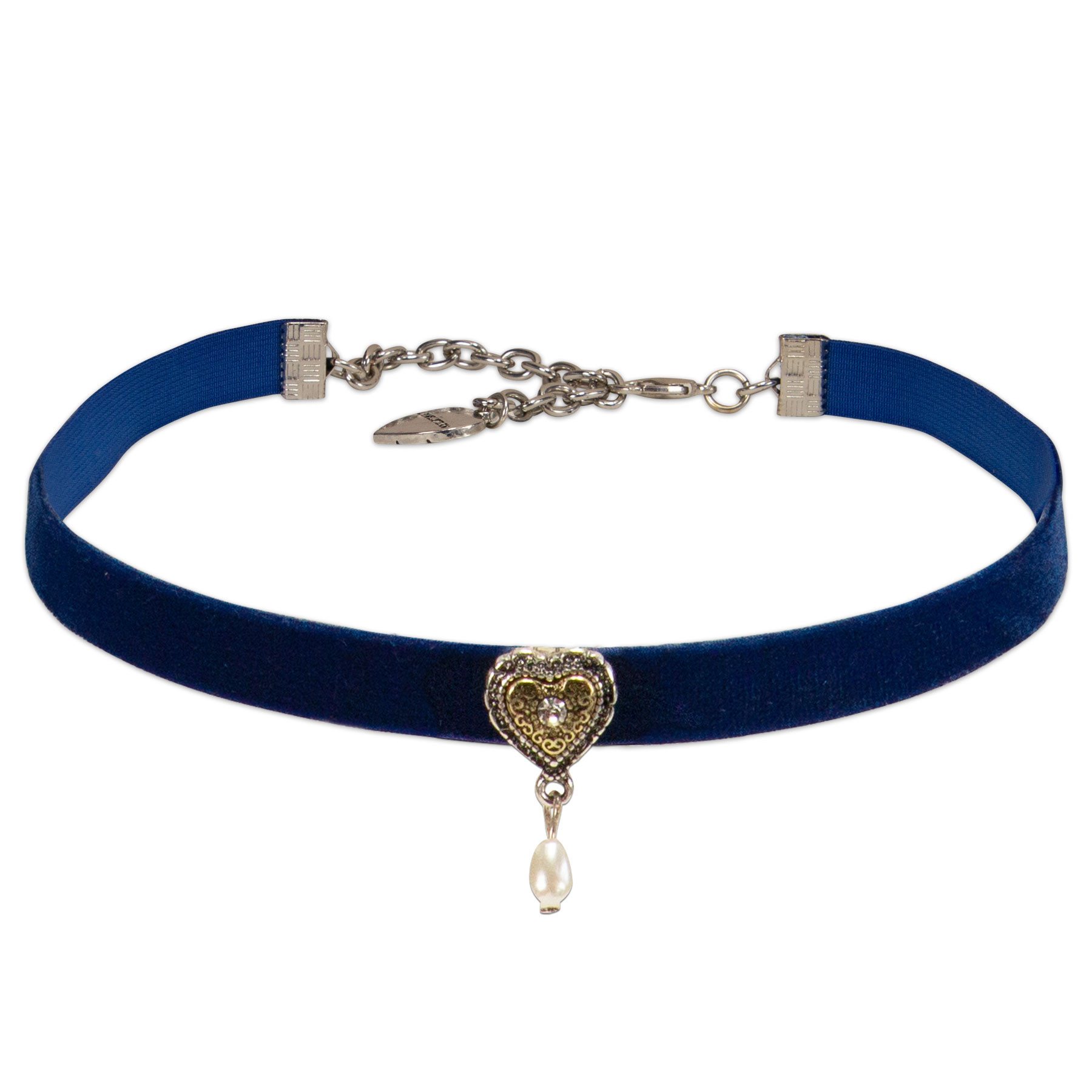 Valentinstagsgeschenk Alpenflüstern Choker Trachten-Samtkropfband Trachtenherz mit Tropfenperle (blau), - Trachtenkette enganliegend, Kropfkette elast