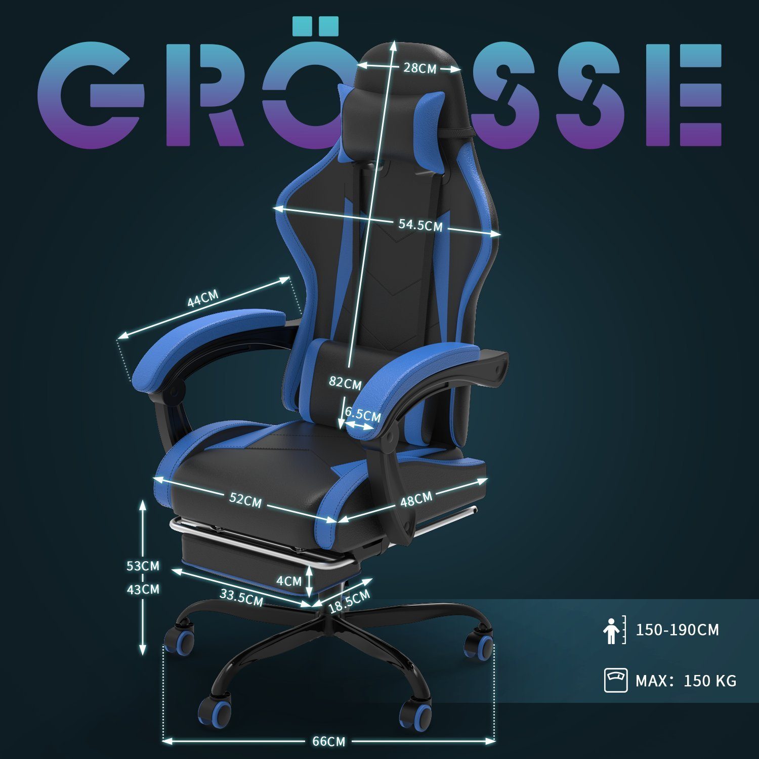GUNJI Gaming Chair Massage einstellbar Blau Rückenlehne 90-135° Fußstütze, Stuhl Gaming mit
