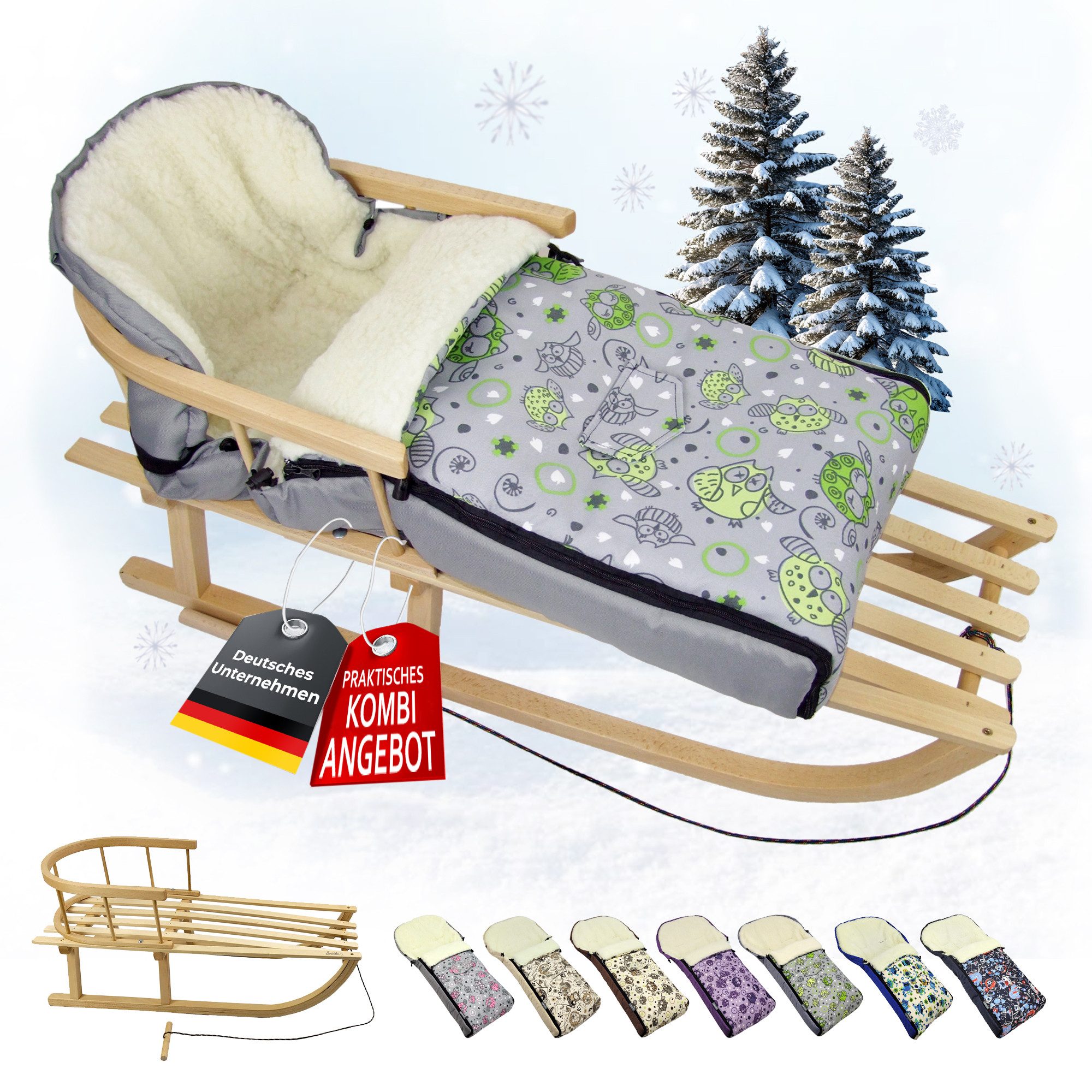 BambiniWelt by Rafael K. Davoser Schlitten CE-HOLZSCHLITTEN mit Rückenlehne Leine + WINTERFUßSACK Wolle 90cm EULE, Kombi-Angebot