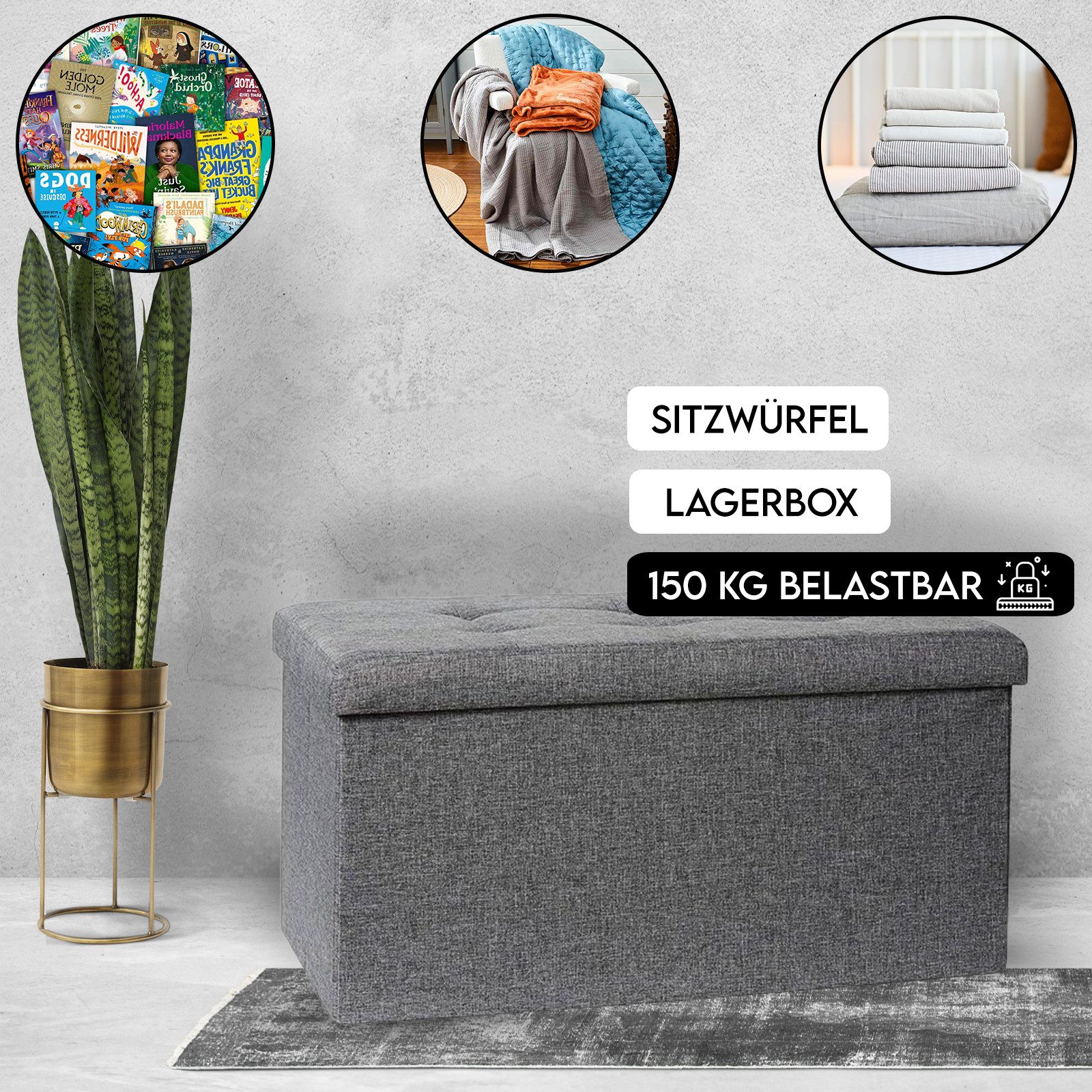 hausleben Aufbewahrungsbox Faltbare Sitztruhe mit Stauraum 76x38x38 cm, belastbar bis 150 kg (Einzelartikel, 1 St., 1-teilig), Maximale Belastung 150 kg, Verstärkter Holzrahmen