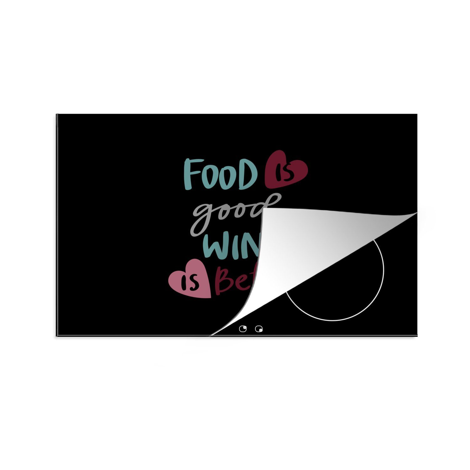 MuchoWow Herdblende-/Abdeckplatte Zitate - 'Essen ist gut, Wein ist besser' - Sprichwörter - Wein, Vinyl, (1 tlg), 81x52 cm, Induktionskochfeld Schutz für die küche, Ceranfeldabdeckung