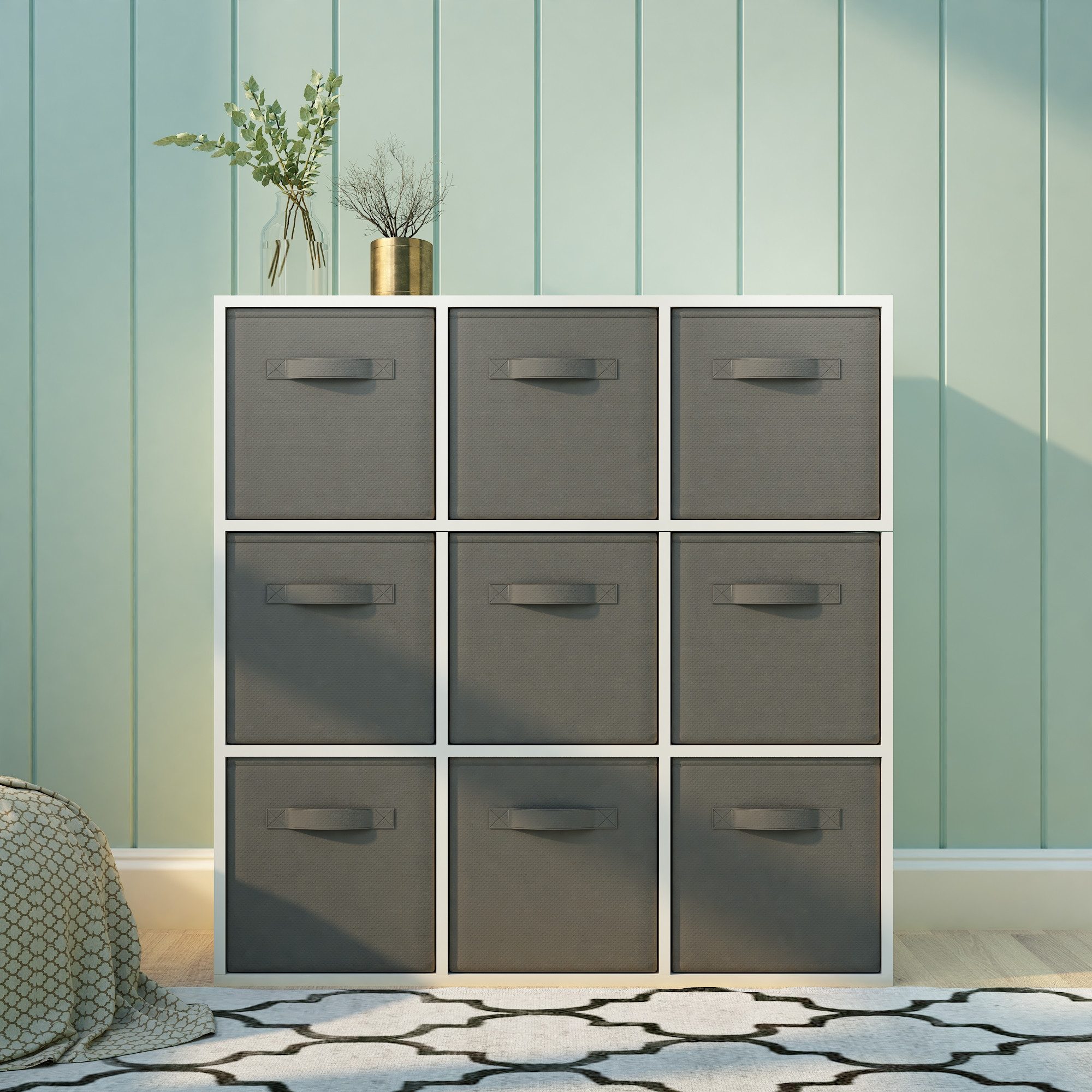 Mondeer Bücherregal Bücherschrank, 9er-Würfelregal mit Stoffboxen, 90 x 30 x 90 cm, Weiß