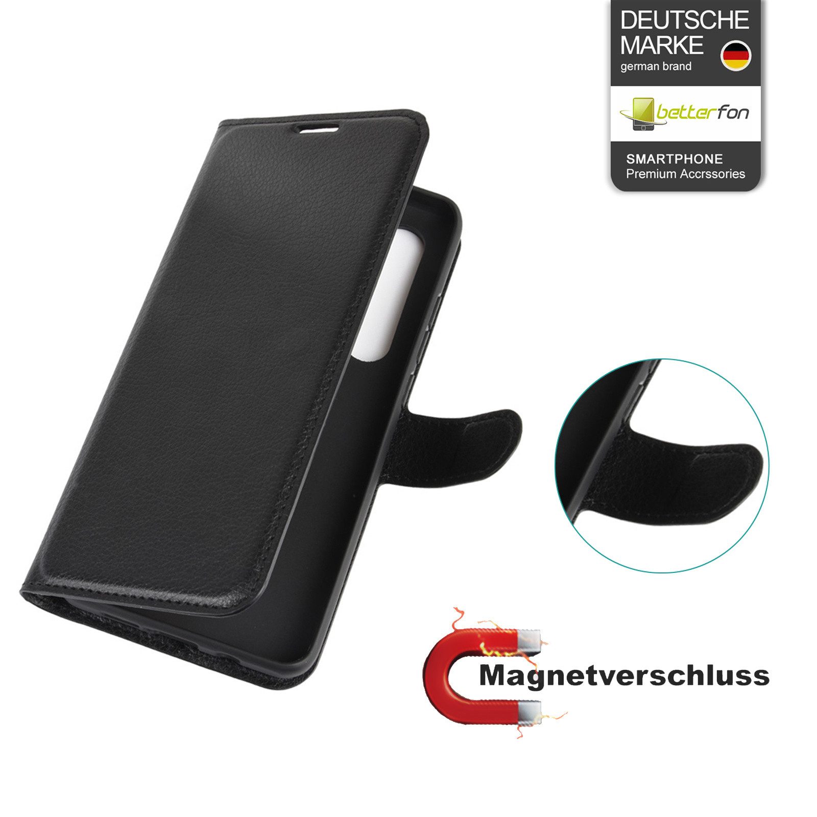 betterfon Handyhülle Handytasche für Xiaomi Mi Note 10 Lite Schutzhülle Klapphülle Schwarz, 3 Kartenfächer, Magnetverschluss & Standfunktion im Lederlook