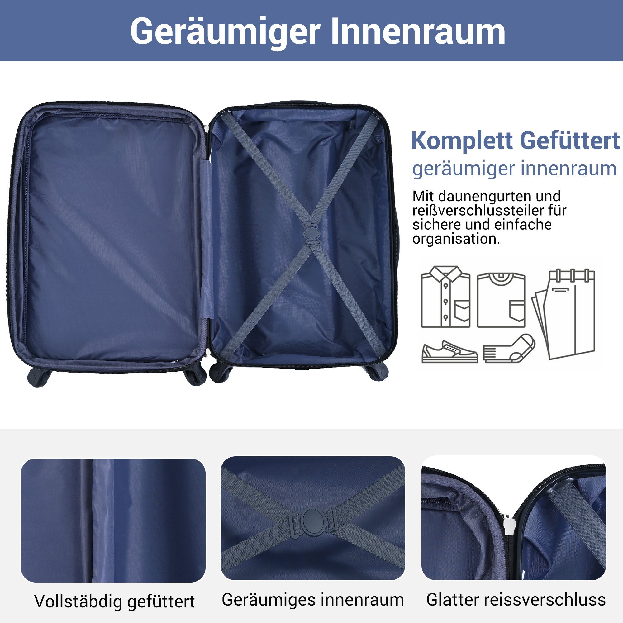 Flieks Hartschalen-Trolley, 4 Rollen, Hartschalenkoffer Handgepäck-Trolley Reisekoffer Geschäftsreisekoffer
