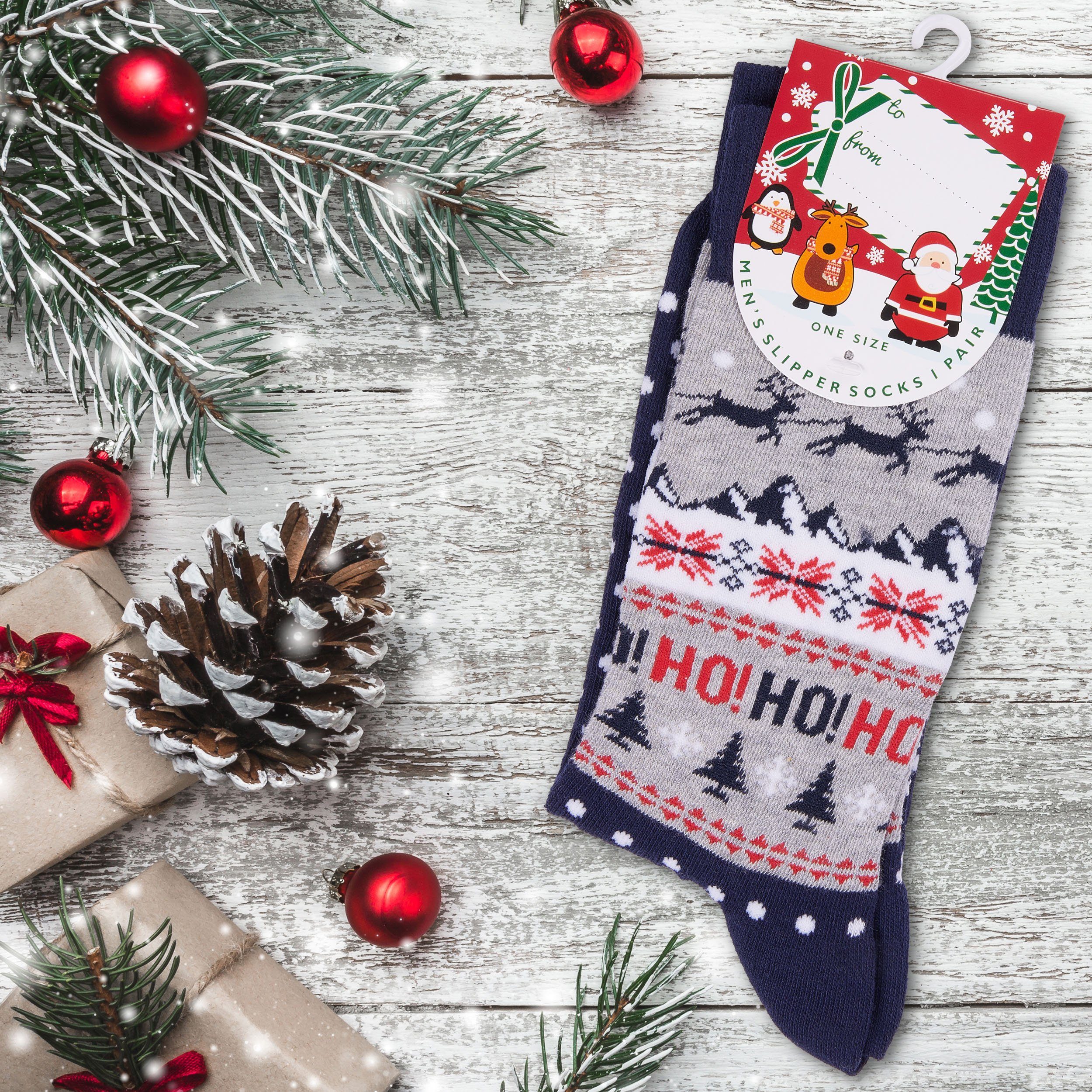 BRUBAKER Socken Lustige - Baumwolle 41-45, 1-Paar) EU die Kuschelsocken Winterlandschaft für Size Bunte Herren Weihnachtssocken Weihnachtszeit (One Rentier