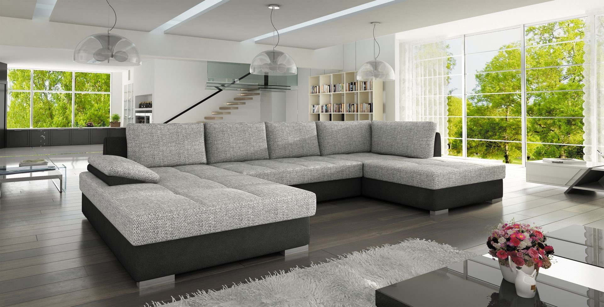JVmoebel Ecksofa Luxus U-Form Wohnlandschaft Große Couch Polster Bettfunktion, Made in Europe Grau/Schwarz