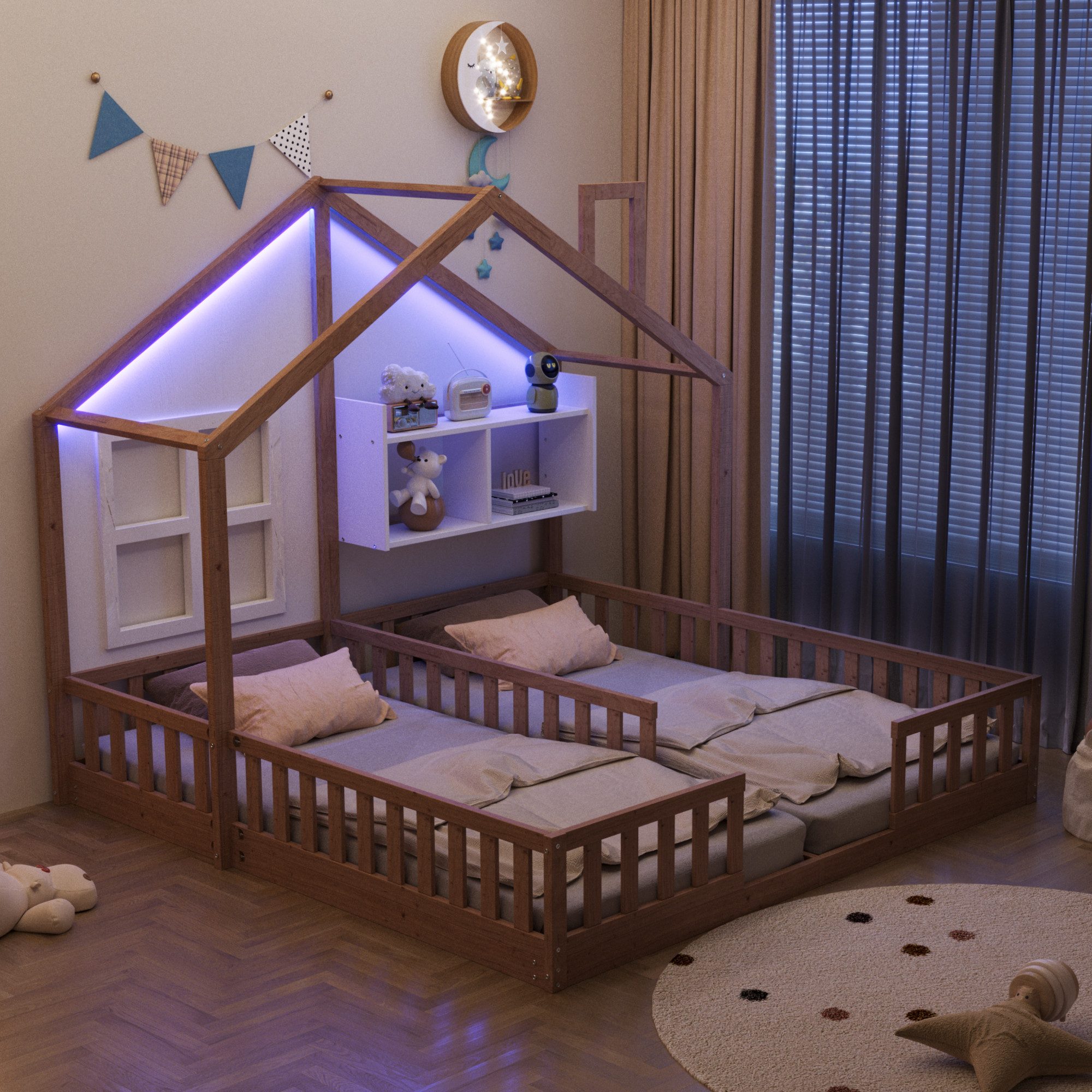 Merax Kinderbett 90×200cm Bodenbett mit LED-Licht, Jugendbett im Hausdesign (1-tlg), Doppelbett 90×200cm mit Sicherheitsgeländer, Ablagefach & Lattenrost – Bild 3 von 5